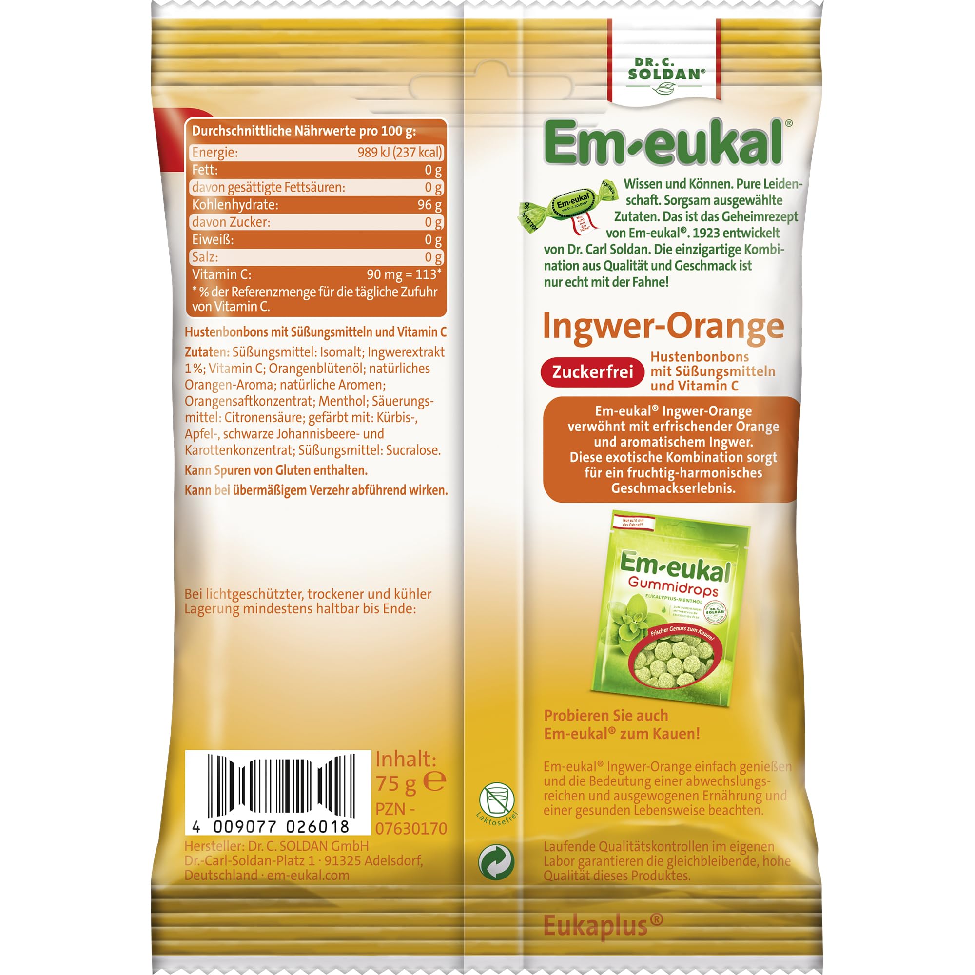 Em-eukal Gingembre-Orange sans sucre 75g, paquet de 5