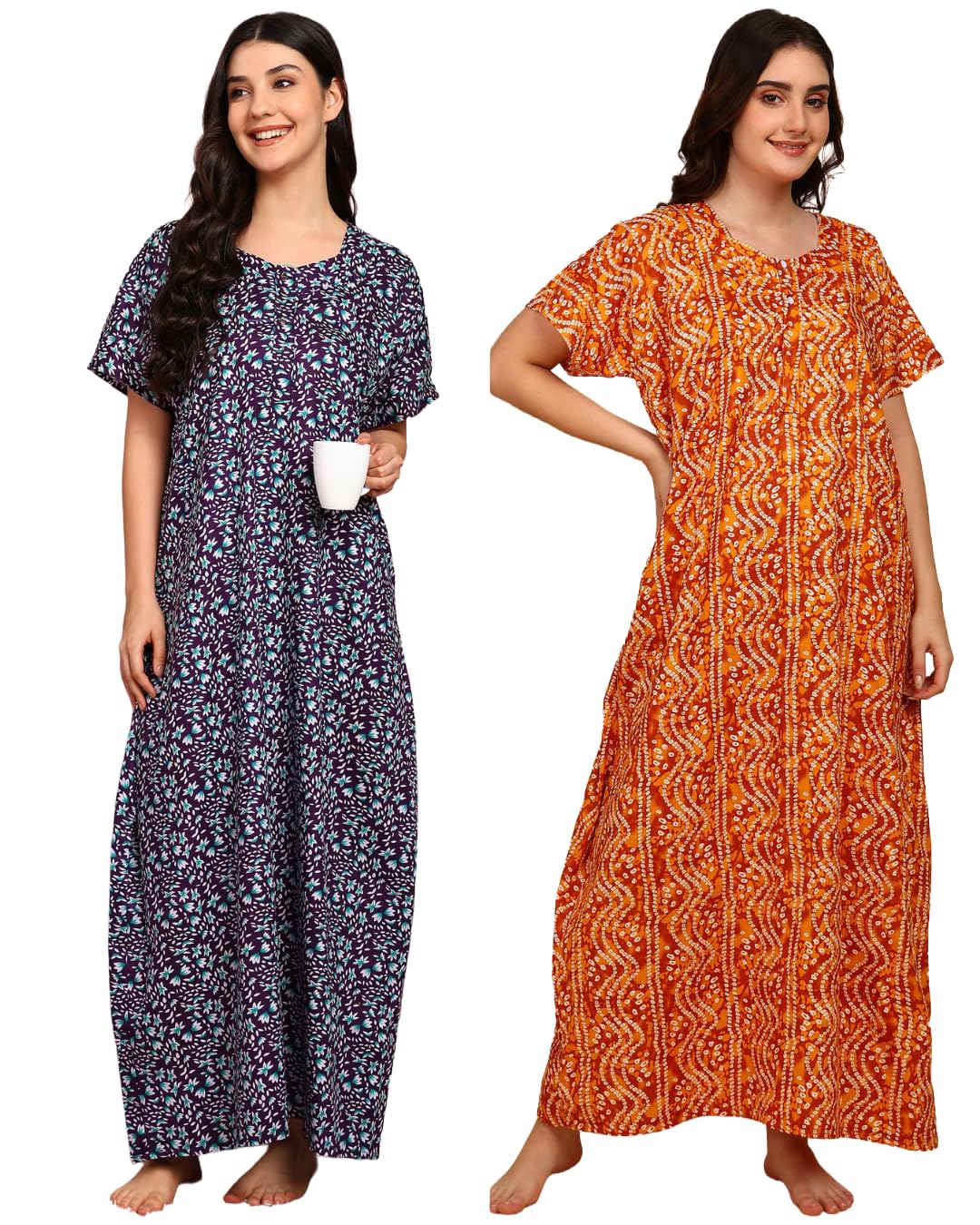 vlazom Women's Cotton Nighty Gown Combo – Pack of 2 Printed Maxi Nightwear, Free Size, Soft & Breathable Sleepwear for Ladies-picture-40