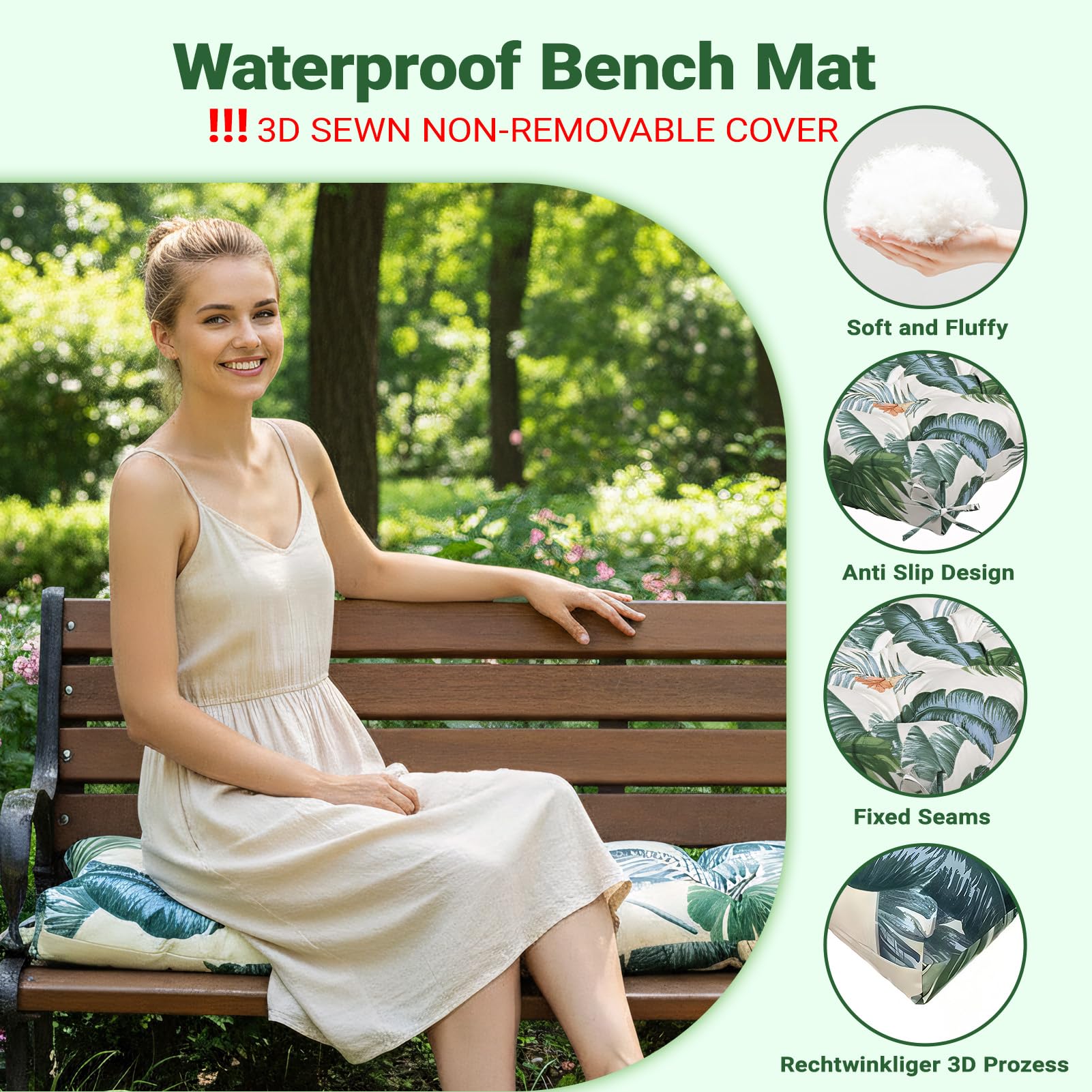 Bench Cushion Outdoor Garden Waterproof: Thick Fade Resistant Rectangle Replacement Sitter Pad with Tie-On Straps for 2-3 Seater Indoor Patio Porch Window Kitchen Dining Chairs (Beige, 130X50X10cm) — view 2