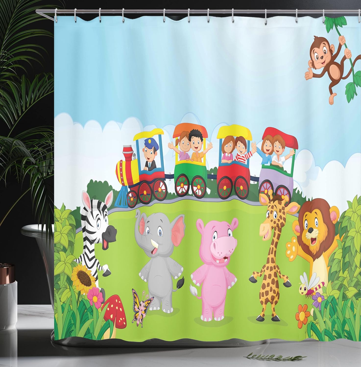 Ambesonne Cartoon Shower Curtain, Funny Cartoon Design Happy on a Choo Train Savannah Animals Art Forest Print, Cloth Fabric Bathroom Decor Set with Hooks, 69" W x 70" L, Multicolor Soft Blue