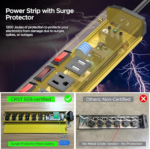 Miniatura 7 de CRST Regleta de alimentación resistente de 6 salidas con USB e interruptores individuales, 1200 julios, protector de sobretensiones montado en