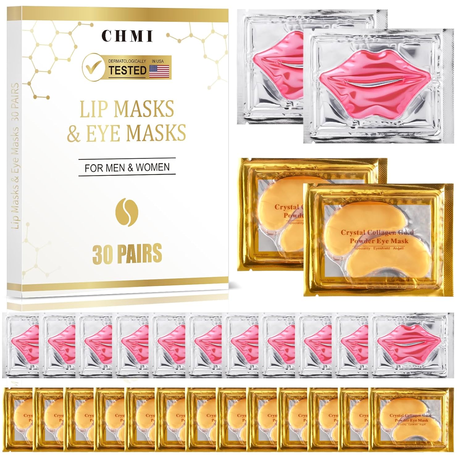 CHMI 30 Pairs Lip Masks & Eye Masks – 24K Gold Eye Patches for Puffy Eyes, Dark Circles, EyeBags and Wrinkles, Collagen Skin Care Products, Beauty & Personal Care. CHMI 30 Pairs Lip Masks & Eye Masks – 24K Gold Eye Patches for Puffy Eyes, Dark Circles, EyeBags and Wrinkles, Collagen Skin Care Products, Beauty & Personal Care.