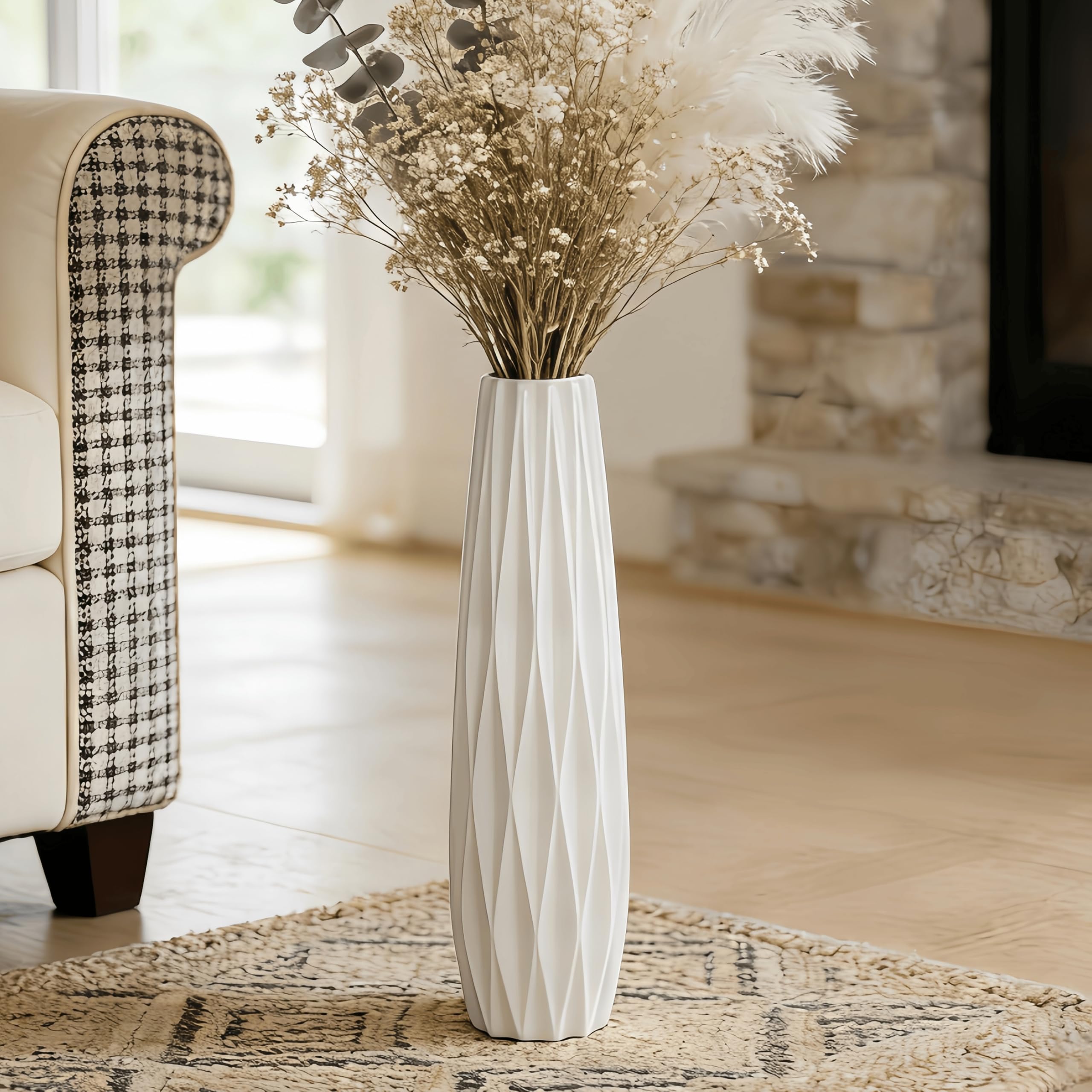 Vaso da pavimento in ceramica bianca alto 45 cm – Vaso decorativo grande per tavolo, scaffale, soggiorno – Porta fiori per fiori secchi – Design semplice