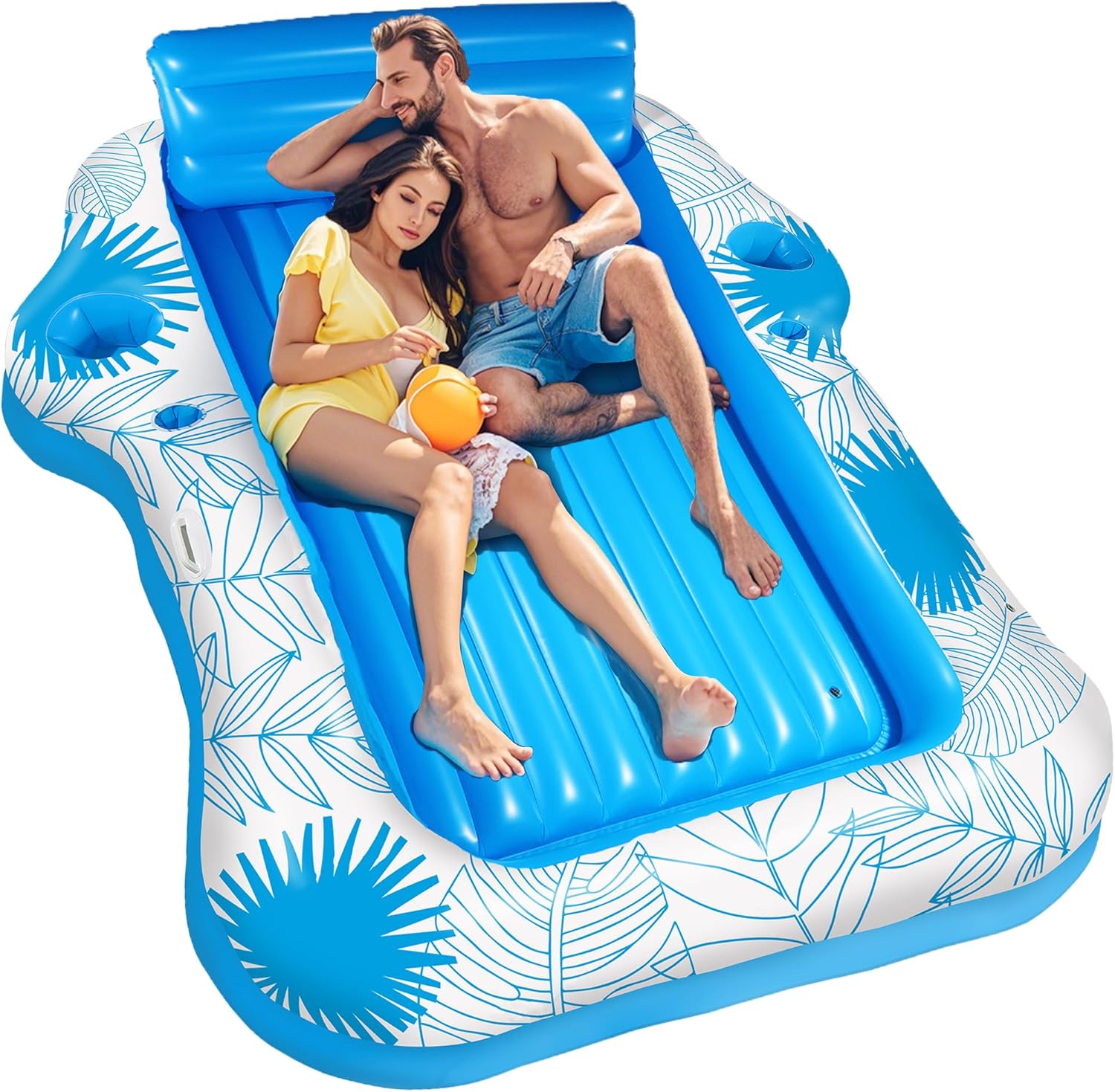 Inflatable Pool Lounger Float for Adults - JIANYHW X-Large Beach Sun Tan Tub Pool Lounge Raft Sunbathing Pool Floaties with 2 Food/Drink Holder, Blow Up Tanning Pool Bed Floating Mat Blue-XL 4 pieces 