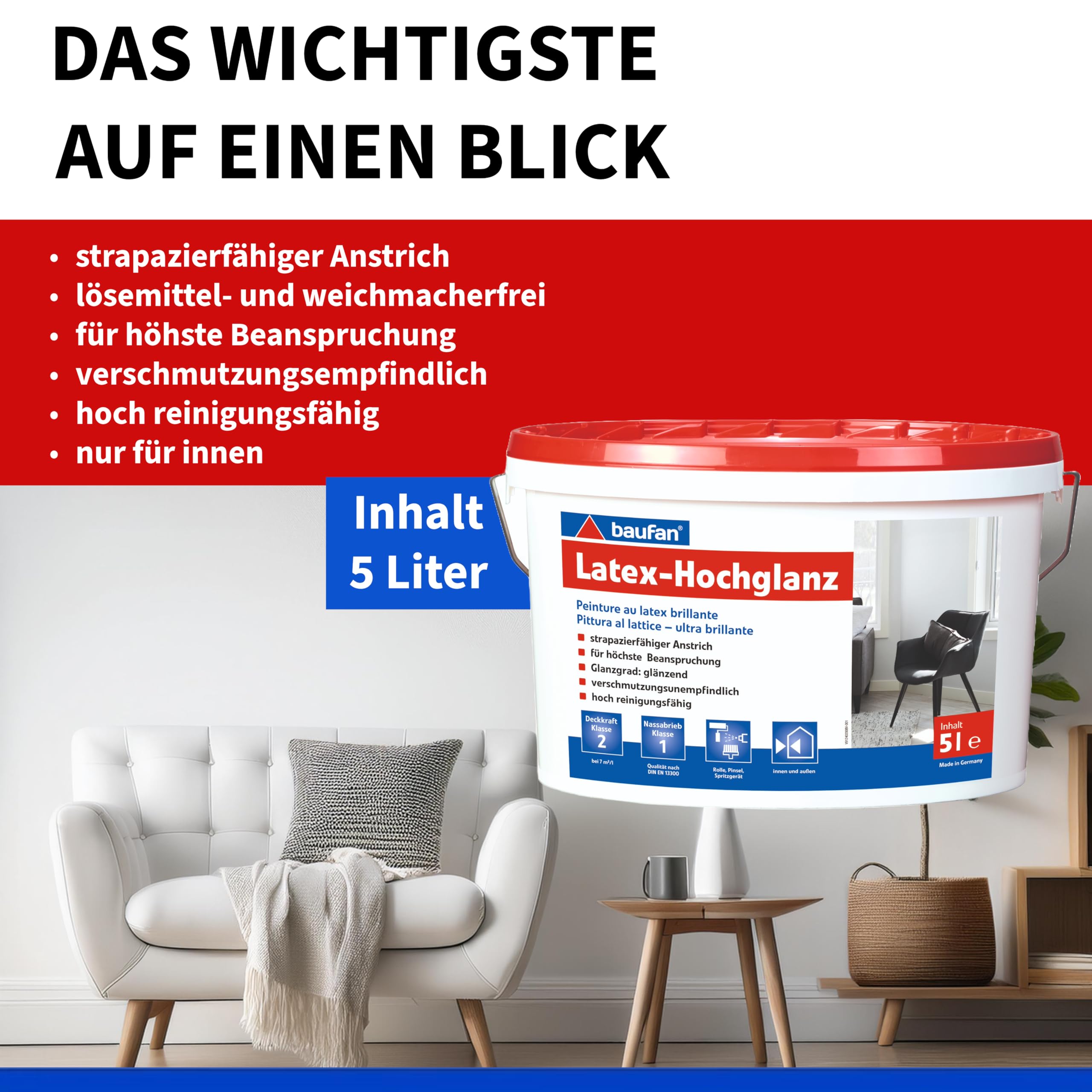 Baufan Latex-Hochglanz Farbe 5l | strapazierfähiger Anstrich | für höchste Beanspruchung | hoch reinigunsfähig | lösemittel- und weichmacherfrei