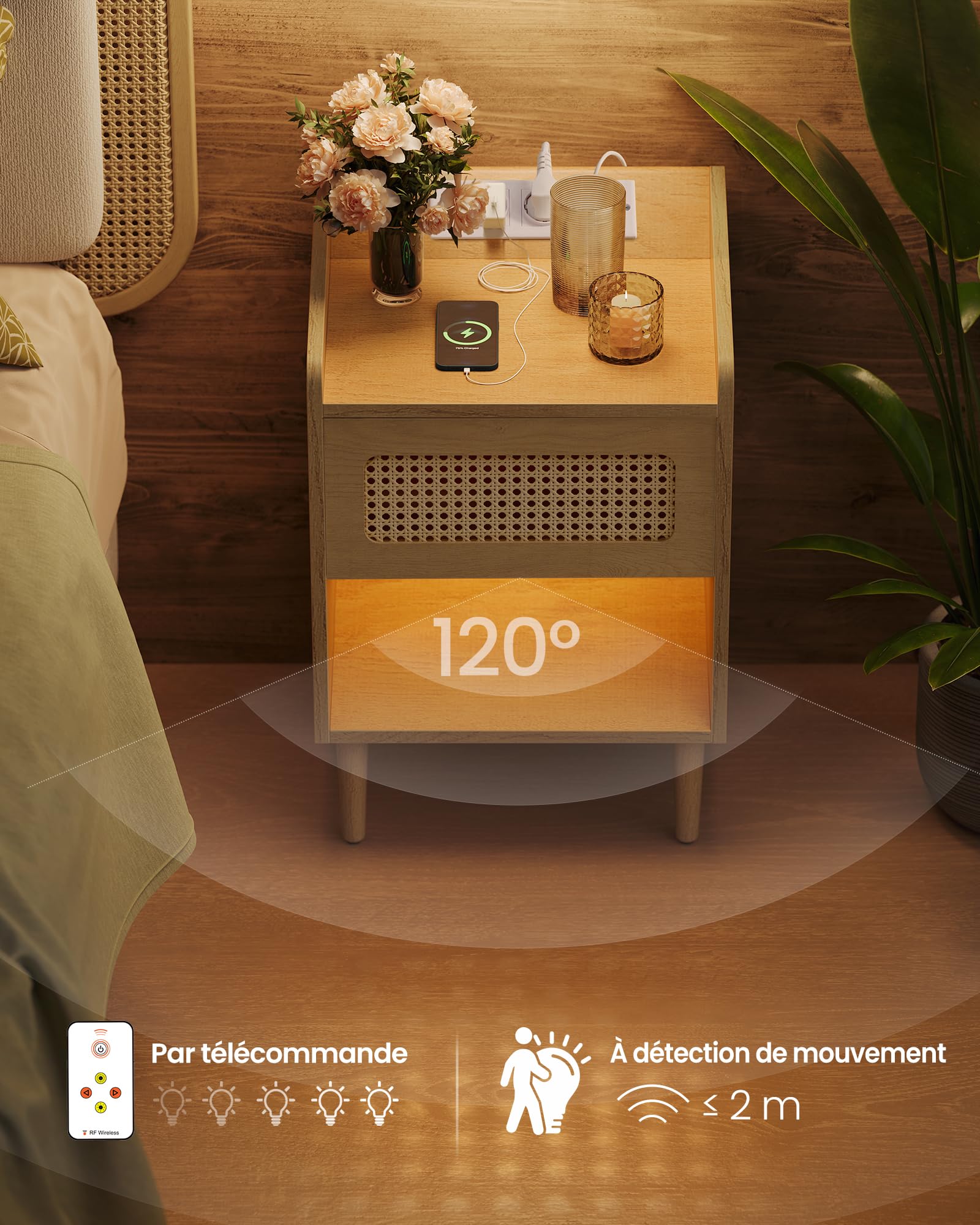 SONGMICS HOME BOHOVEN Collection - Table de Chevet avec Multiprise, Lot de 2, avec Lumière à Détecteur de Mouvement, Table d’Appoint Effet Rotin, Pieds en Bois Massif, Style Bohème, Beige Chêne