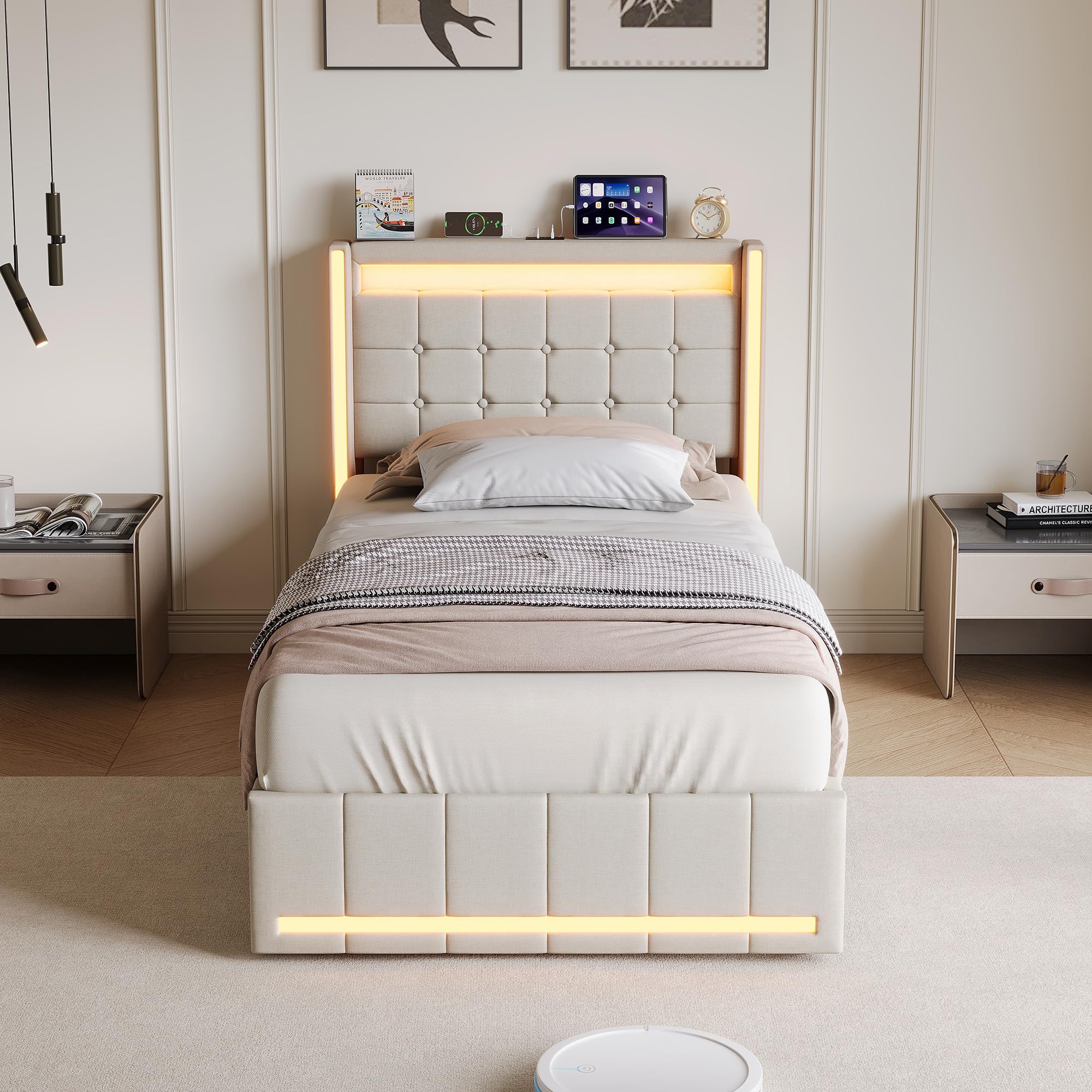 Cama tapizada 90 x 200 cm con espacio de almacenamiento, cama individual con cajones, cama juvenil con iluminación LED y estación de carga, estructura de cama con marco de metal y somier de