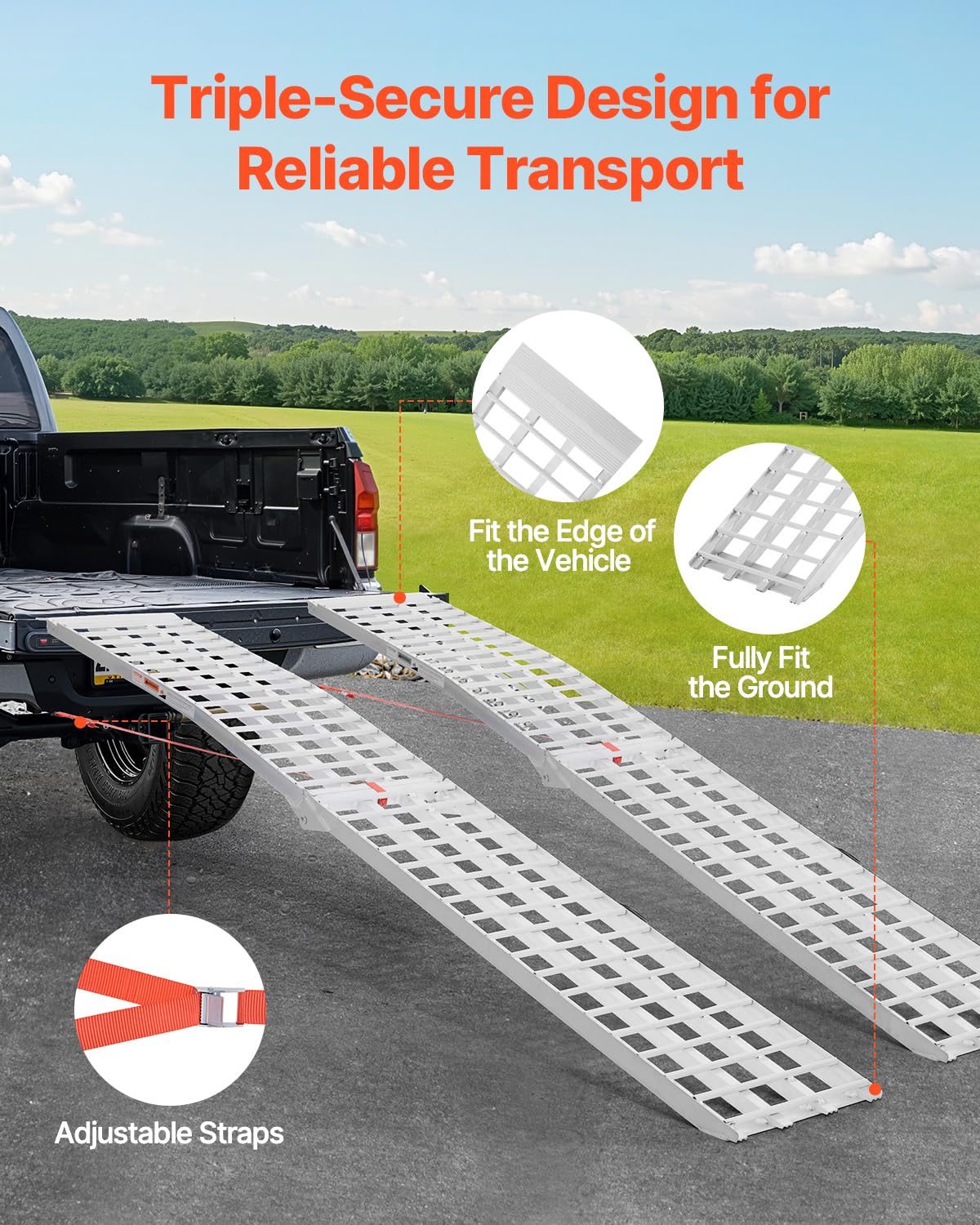 VEVOR Aluminiowa rampa najazdowa 907 kg, 2 sztuki, stabilna uniwersalna rampa najazdowa, z uchwytami, szersza powierzchnia rampy, nadaje się do ATV, UTV, motocykli, rowerów elektrycznych