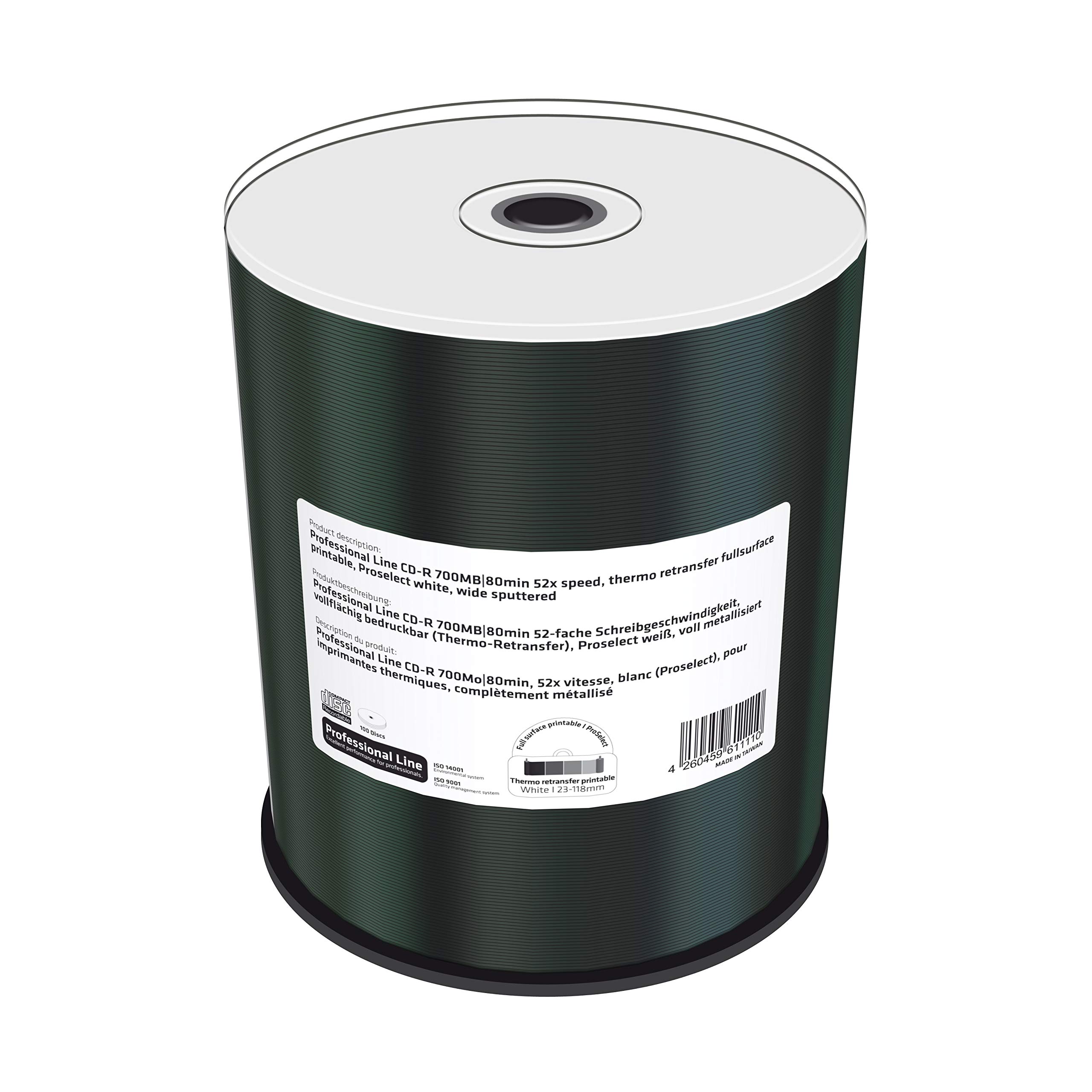 Professional Line - CD-R (700 Mb/80 min, Velocidad de Escritura 52x, imprimible en Toda la Superficie (Transferencia térmica), Color Blanco