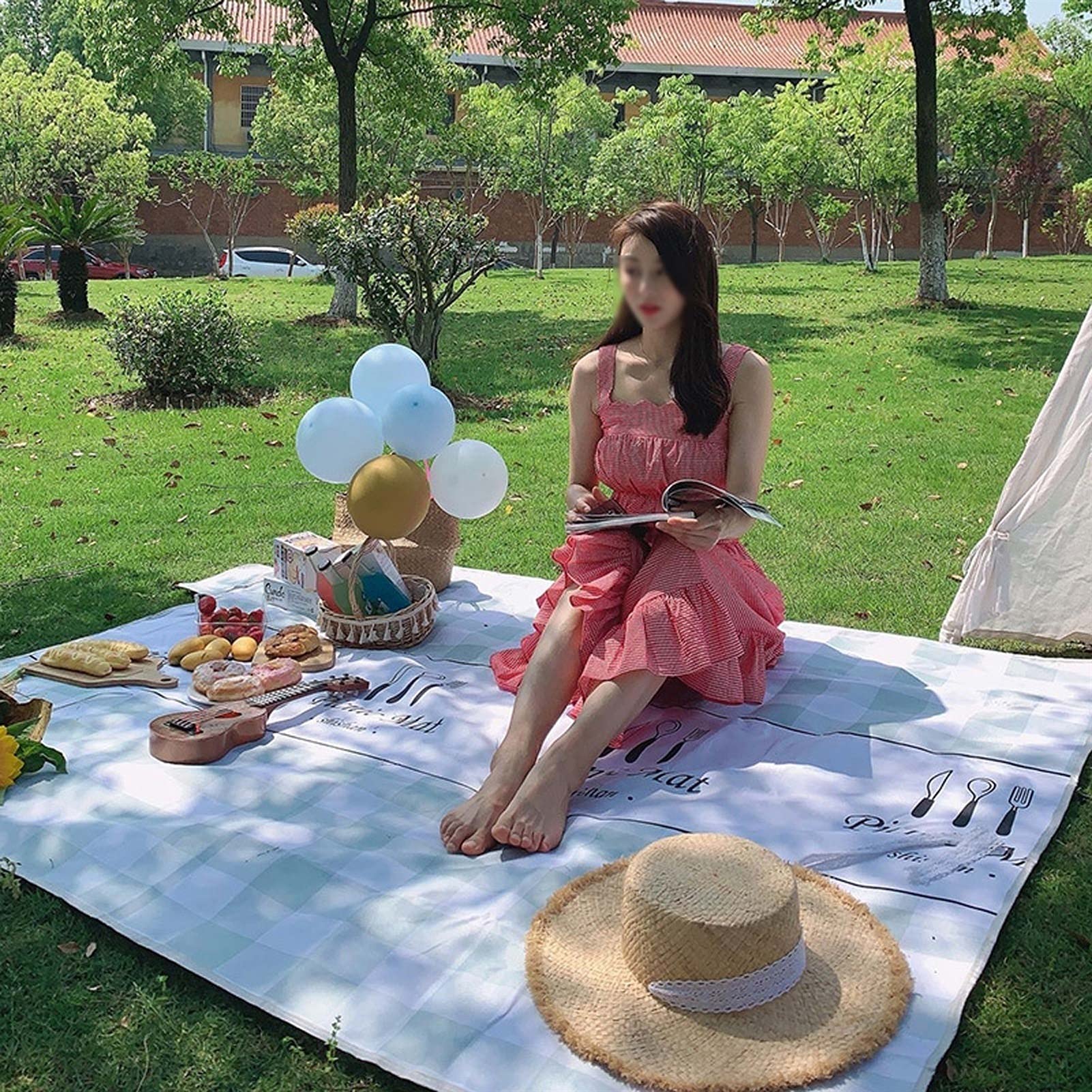 Couverture de Pique-Nique Imperméable, 150x200 CM Portable Tapis Pique Niques, Natte de Plage Nappe Picnic pour Jardin Extérieur (Color : Green White Grid)