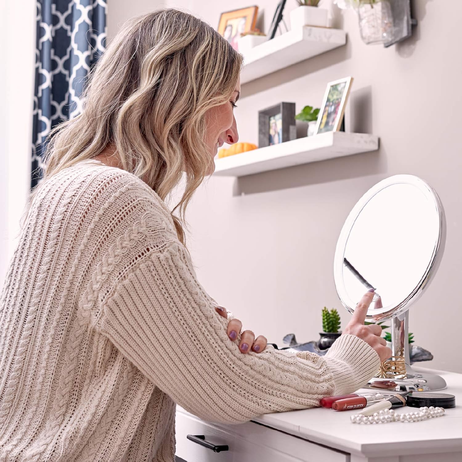 Oval Personal Makeup Mirror with Lights - Magnifying Mirror Light for Table Top - Led Make Up Mirror - 360 Degree Travel Swivel Vanity Mirror - Includes Compact 10x Magnifying Mirror - Pro Beautify