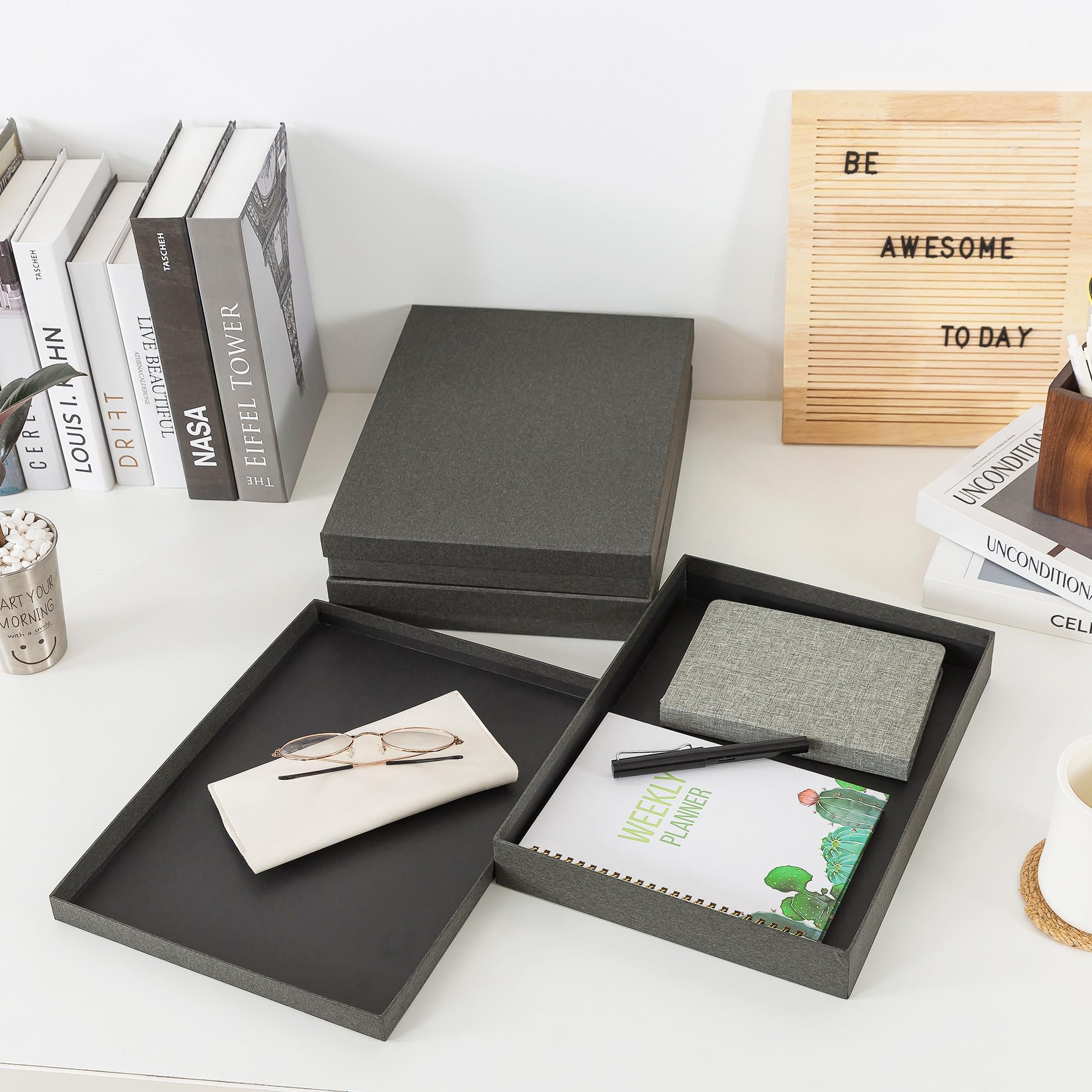 Soul & Lane Scatole portadocumenti, set di 3 (33,5 x 24,9 x 4,6 cm), organizer versatile per foto e artigianato, per casa e ufficio, impilabili, in cartone per lettere, file e cimeli, grigio ardesia