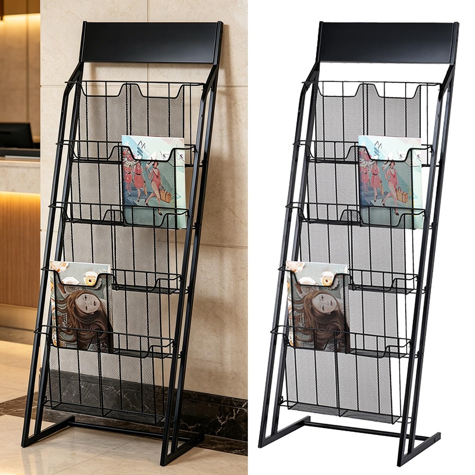 Cjwkxqol Black Floor Standing Magazine Display Rack, Metal Brochure Holder With Top Billboard, Literature Organizer For Office Lobby、Hotel Reception、Exhibition、Home(Black)
