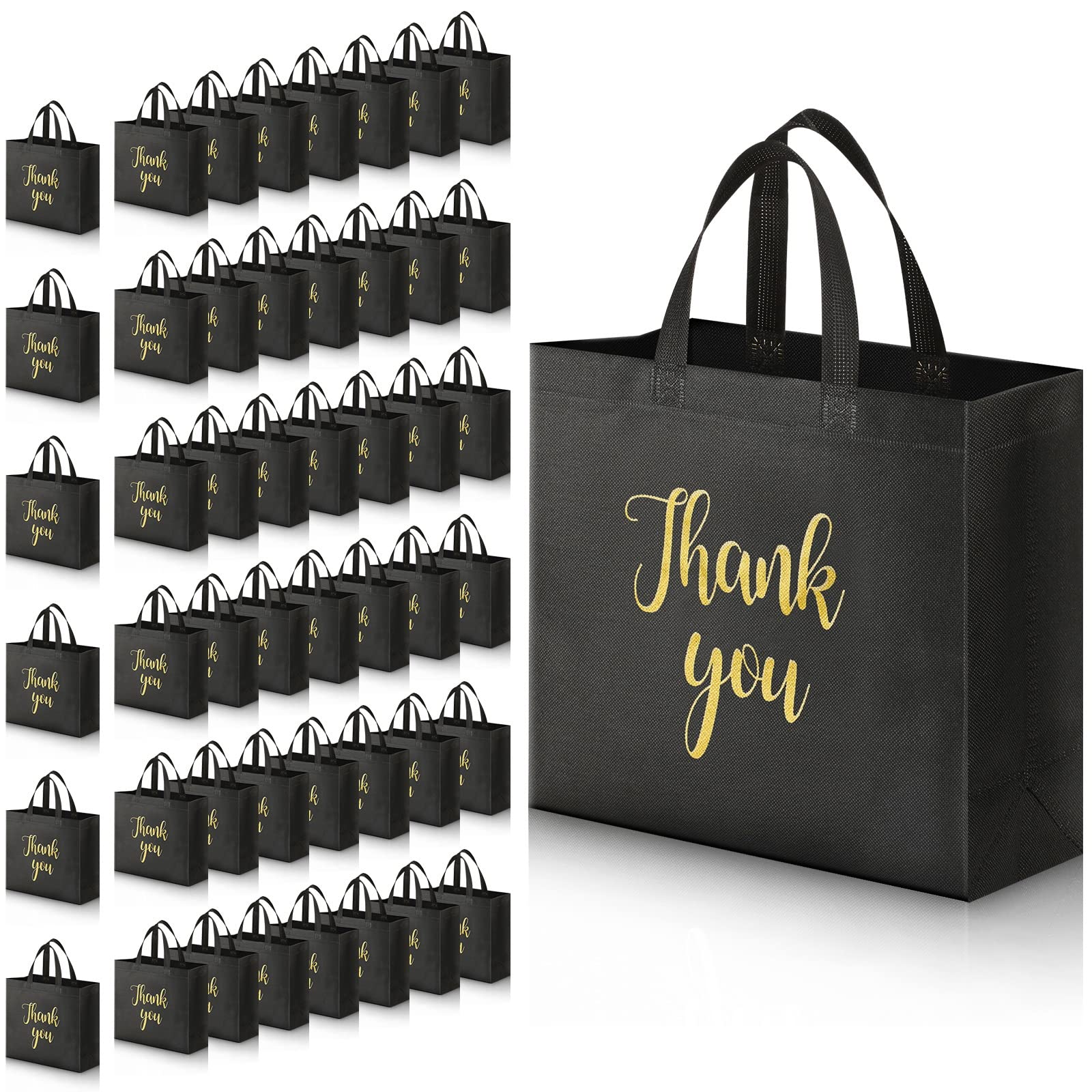 Fumete 50 Pcs Reusable Non Woven Thank You Bags Shopping Grocery Merchandise Bag Bulk with Handles(Black, Gold)