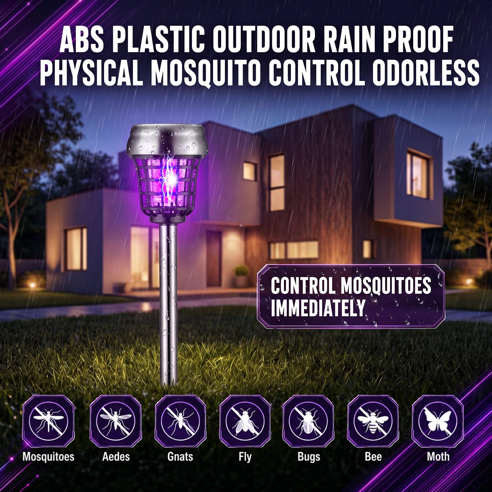 Qualirey 12 piezas de matamosquitos solar para exteriores, impermeables, matamosquitos con energía solar, lámpara repelente de mosquitos para patio, jardín, insectos (púrpura/luz de llama, acero