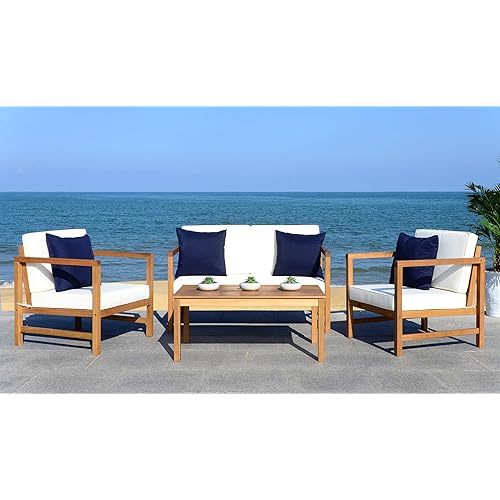 SAFAVIEH Outdoor Collection Montez Natural/ Beige Cushions/ Navy Pillows 4-Piece Conversation Patio Set