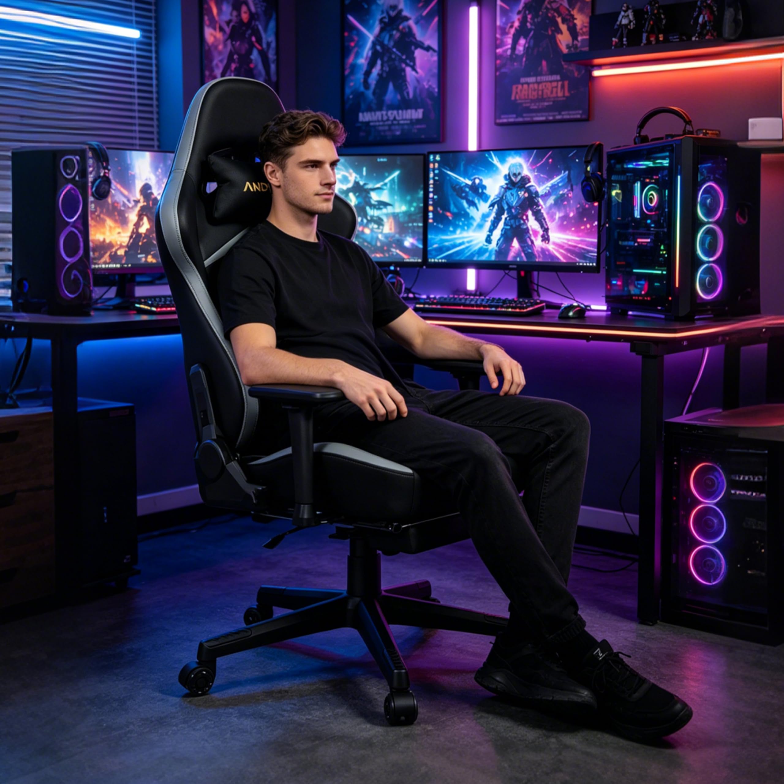 Andyou Chaise Gaming Chaise Bureau Chaise Ergonomique avec Repose Pied, Gaming Chair en Tissu Suédé, Dossier 90°-155°, Accoudoirs 3D Réglables, Fonction Bascule, Noir