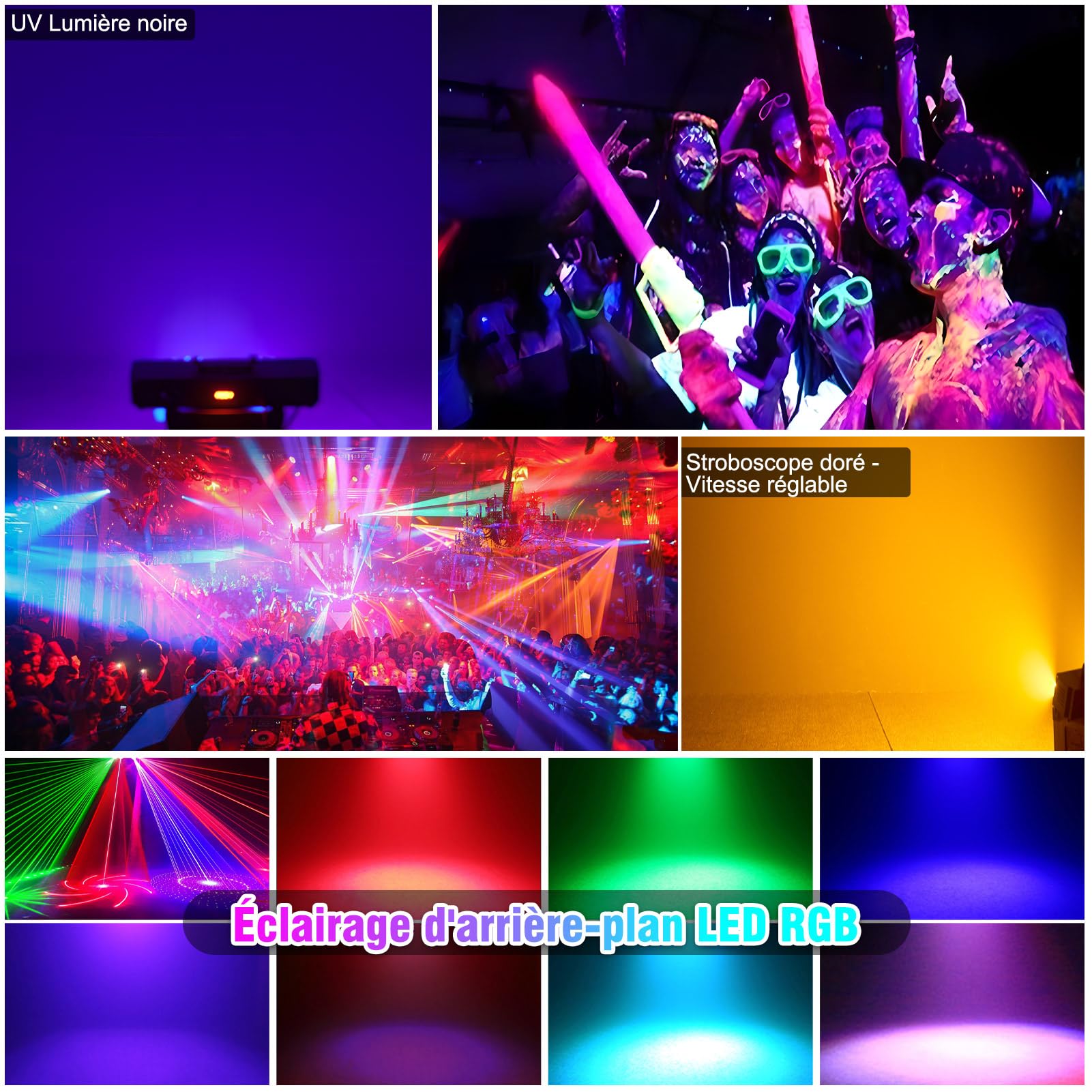 Fwiull 6-en-1 Jeux de Lumière Soiree Professionnel avec Télécommande, Effets RGB UV avec Stroboscope Doré, Contrôle DMX et Sonore, Lampe de Scène pour Fête, DJ, Club, Halloween, Noël