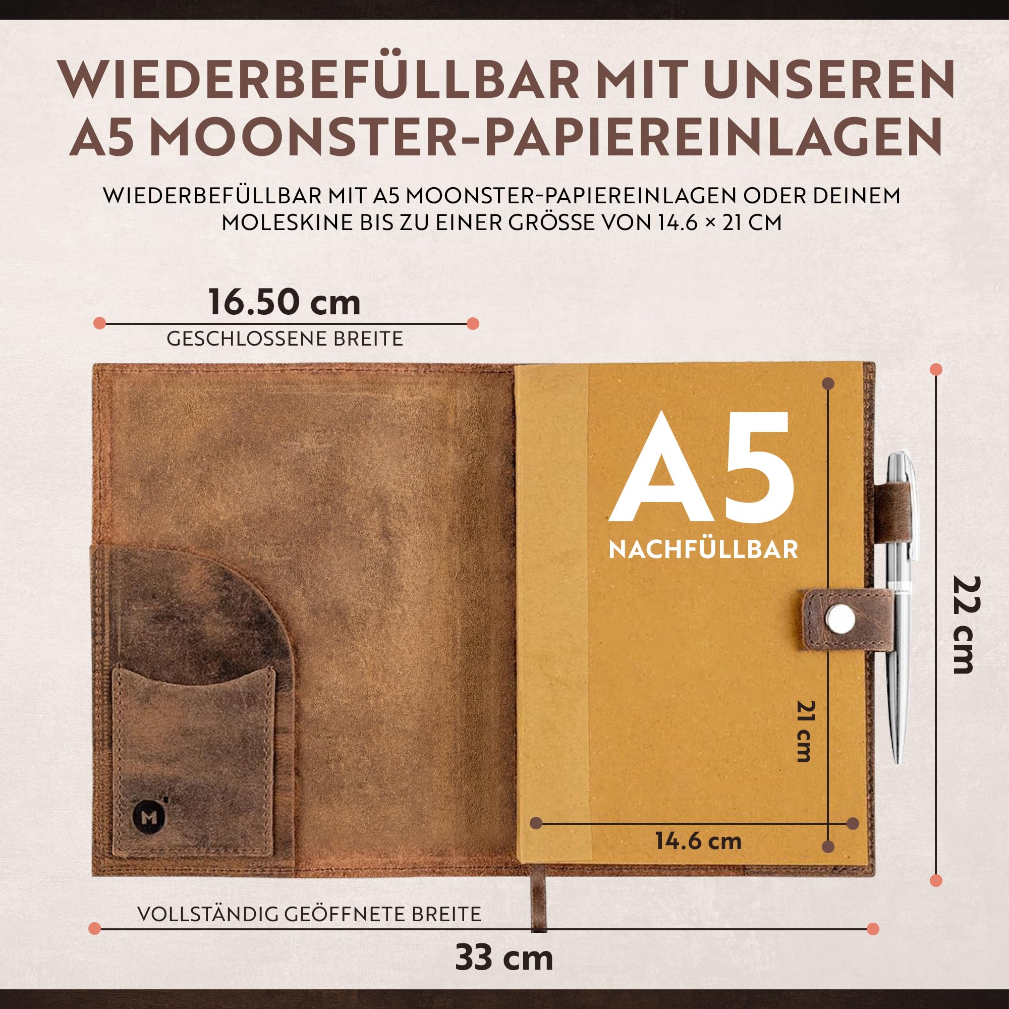 moonster Auffüllbares Liniertes Notizbuch Leder - Heft mit Stift - Tagebuch für Erwachsene mit Herz – Handgemachtes Notizbuch Klein aus Echtleder mit Stifthalter, hochwertigem A5-Papier & Luxus-Stift