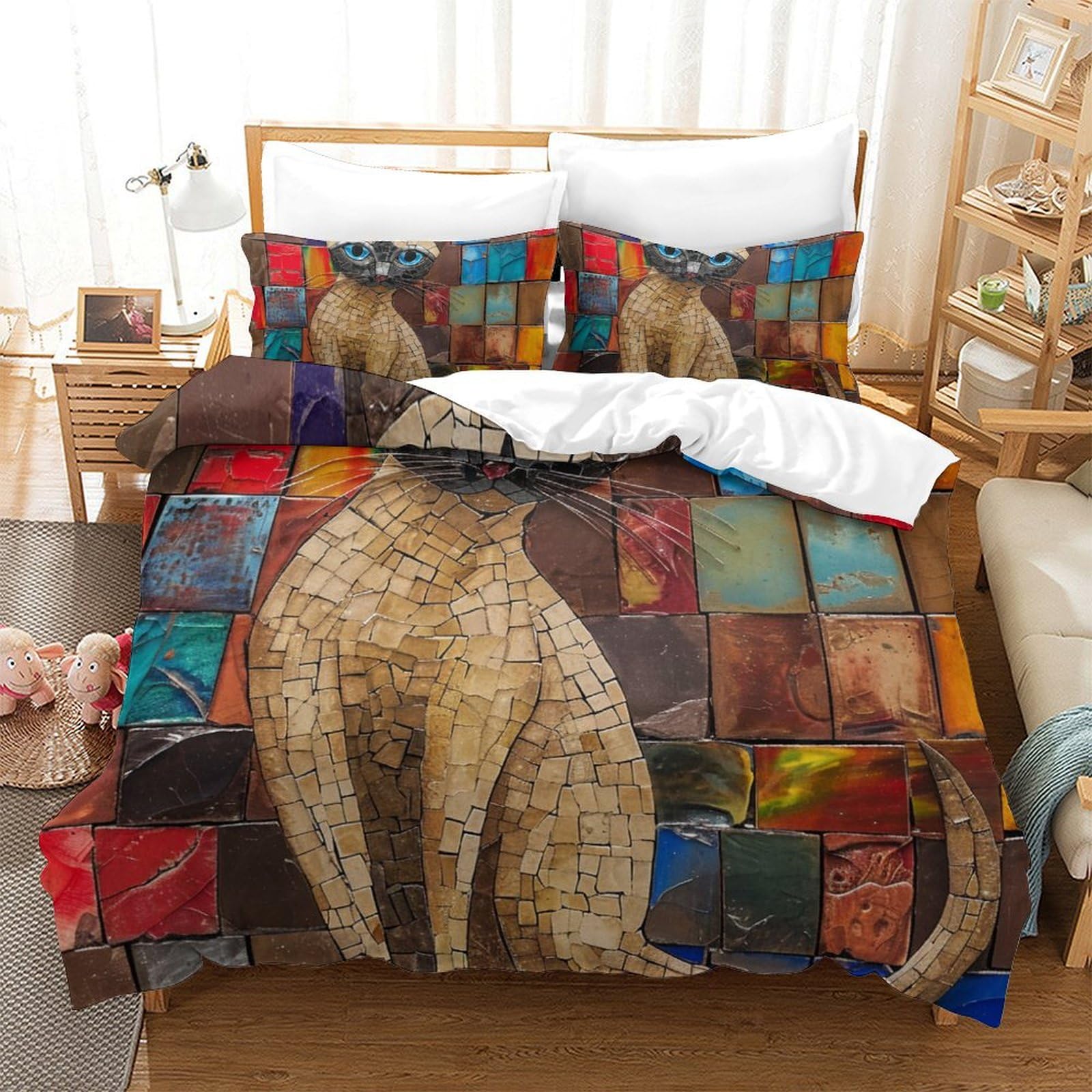 Housse de couette 260x220 chat siamois parure de lit zippée anti-pli