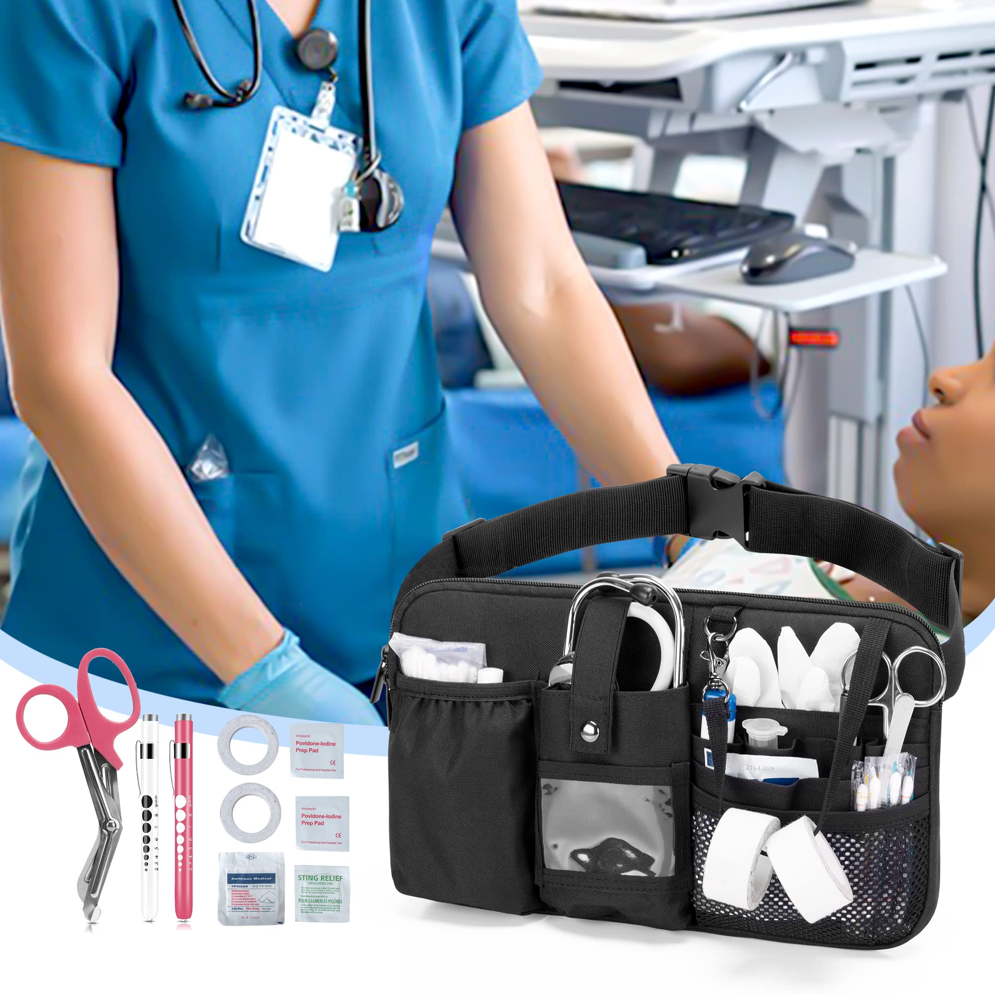 Trunab Riñonera Enfermera Multifuncional con 12 Bolsillos para Estetoscopio, Soporte para Cinta, Cinturón Ajustable, Bolsa Organizadora Médica para Enfermera y Estudiante de Enfermería, Negro