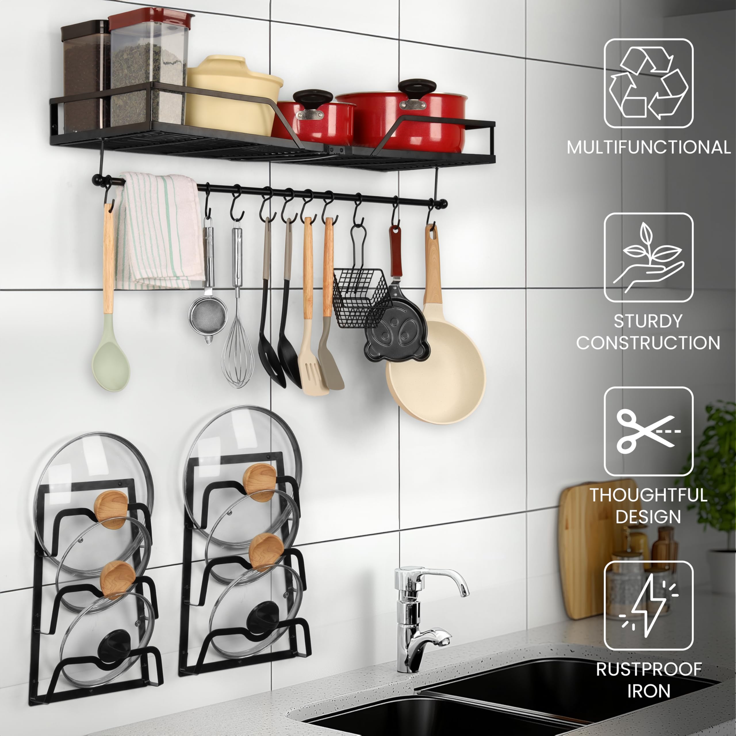 BELLE VOUS Organizer per Pentole e Padelle - 3 in 1 - Scaffale da Cucina in Metallo - Mensola con Barra Portautensili - con Ganci e Porta Coperchi - Appendi Utensili da Muro