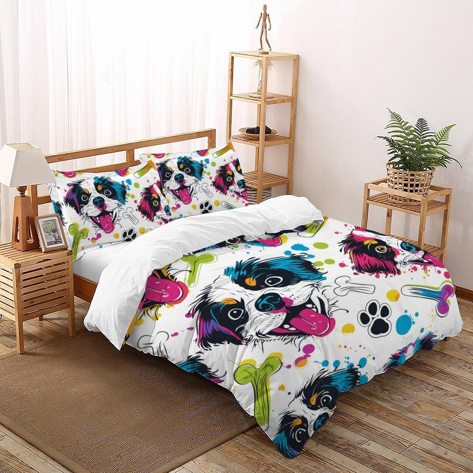 Housse de couette chien 200x200cm en microfibre avec 2 taies d'oreiller