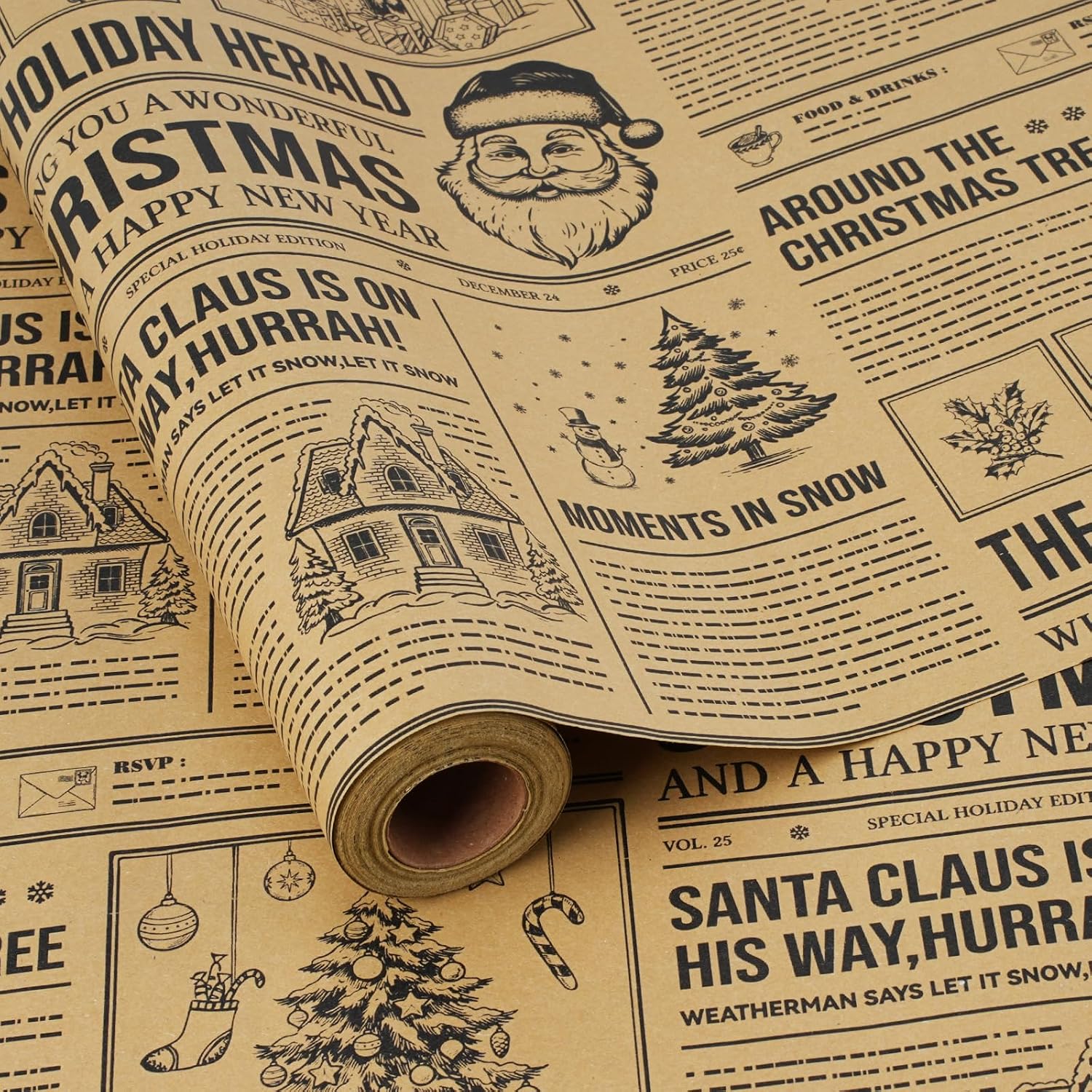 BIOBROWN Christmas Wrapping Paper Newspaper with Santa & Tree Design