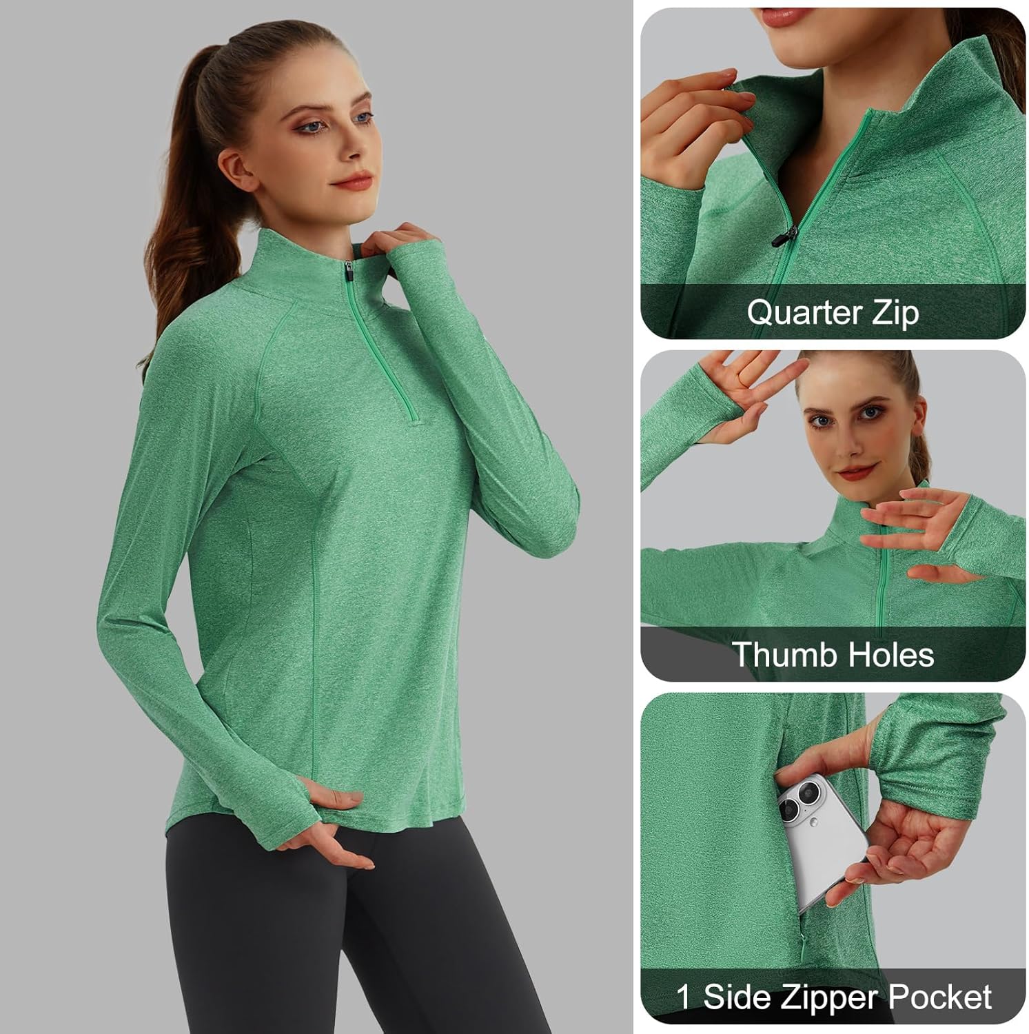 beroy Women's 1/4 Zip Shirts Pullover Long Sleeve Thumb Holes Workout Athletic Hiking Running Cycling Shirt with Pocket - Image 3