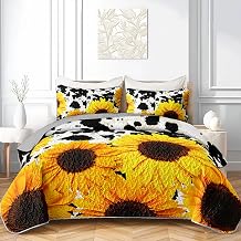 QOOMO Sunflower Quilt Set Full/Queen Size,Cow Print Bedspread Coverlet Set