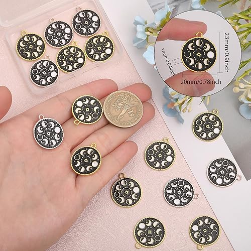 Miniatura 2 de CHGCRAFT 20 dijes redondos de esmalte de aleación de 2 colores con fase lunar plana redonda con dije de fase lunar para bricolaje hecho a mano,