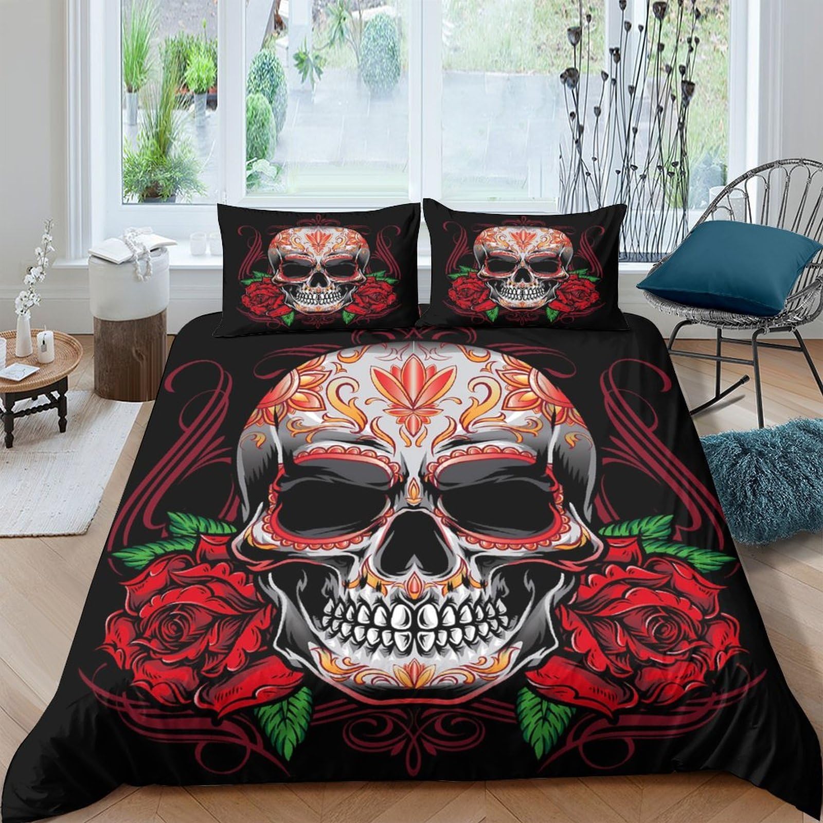 Ctjqhvkz Style-7 3D Printed Sugar Skull Fitted Sheet Microfiber Soft Breathable Rose Bed Cover For Bedroom Guest Room Mattress Decor Single（135X200cm）