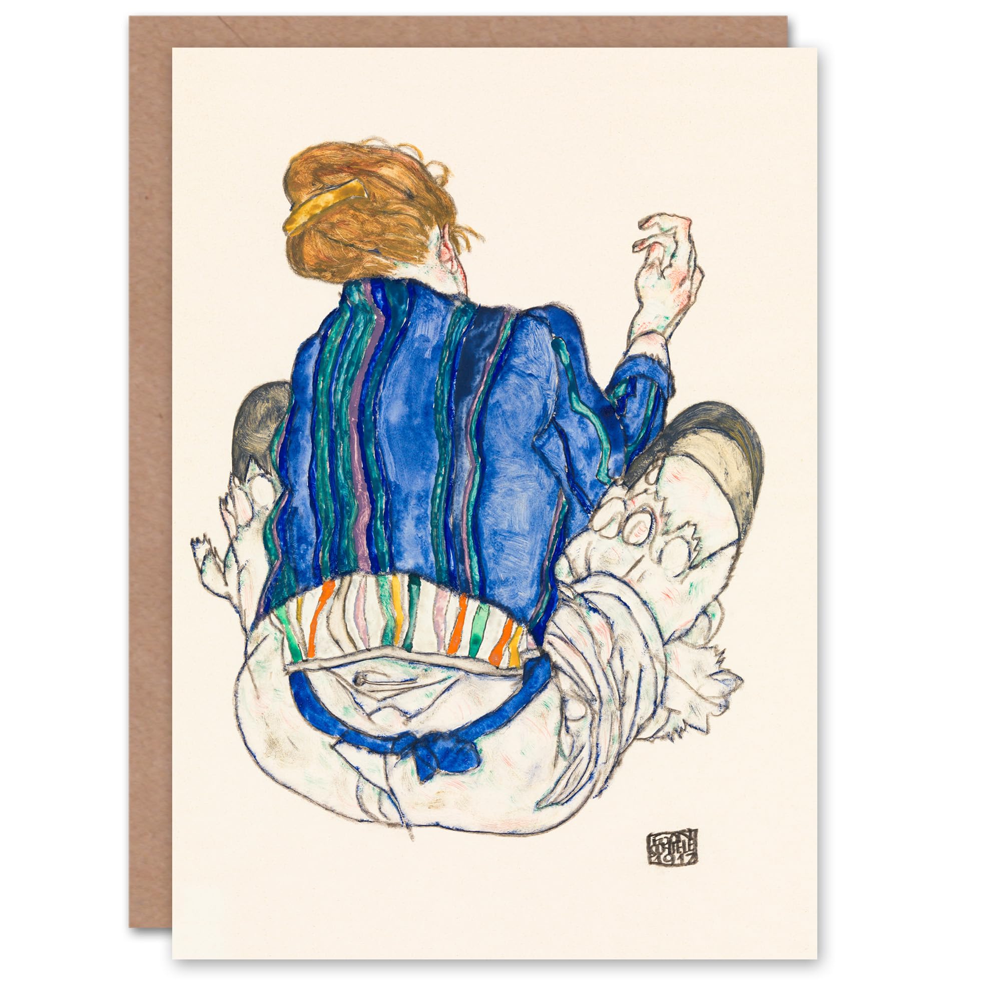 Artery8 - Greeting Card - Seated Woman Back View Painting - Blue