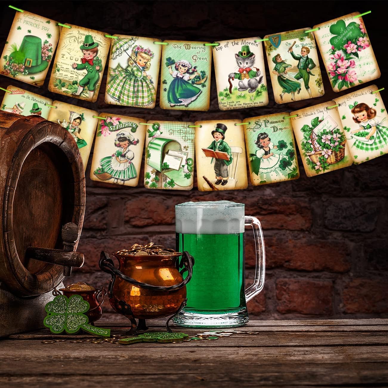 St. Patrick 's Day Decorations -Vintage St. Patricks Day Banner,Shamrock Clover St. Patrick 's Day Garland Irish Party Supplies, 15pcs Lucky Shamrock St. Patrick 's Day Sign for Holiday Home Decor