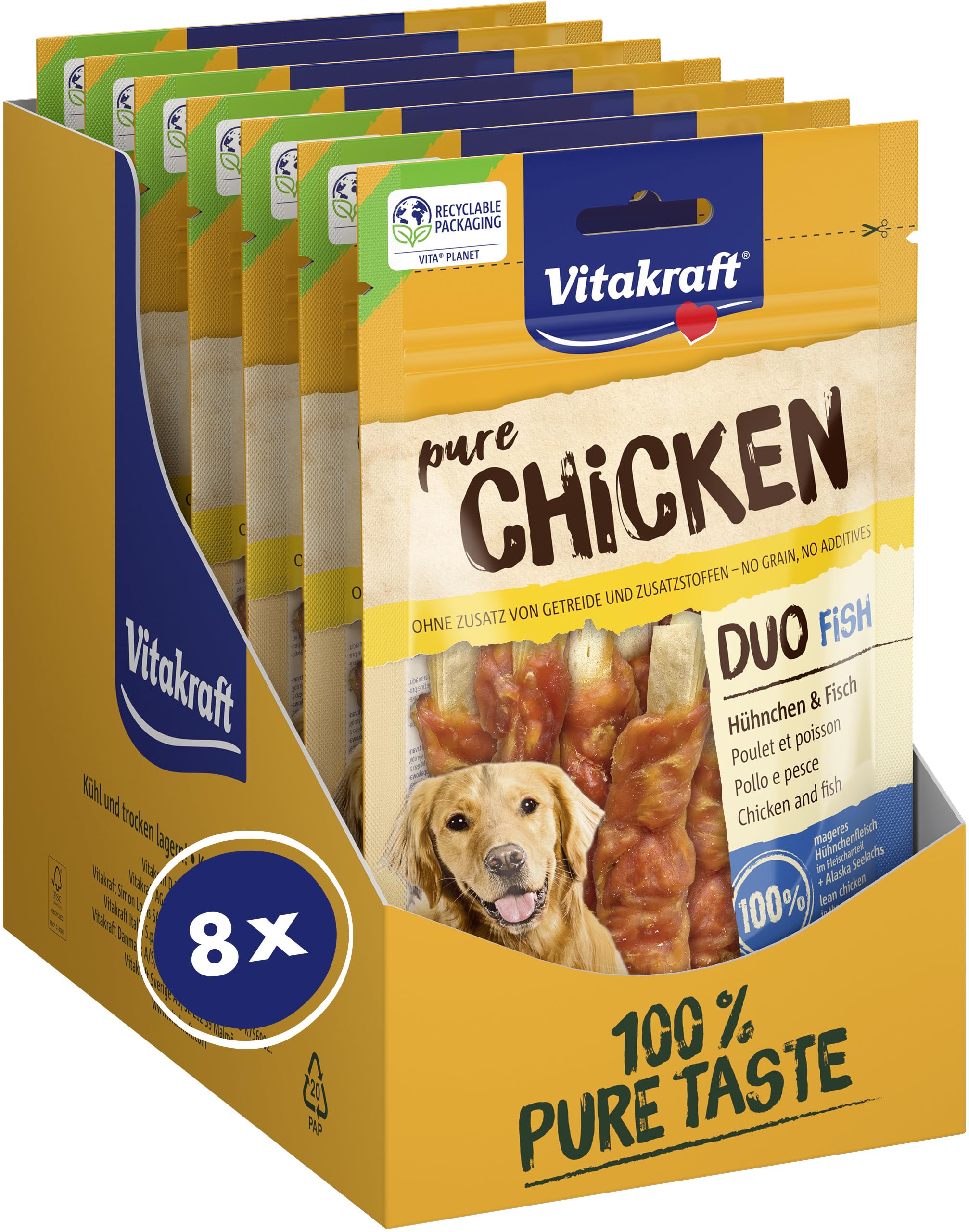 Vitakraft Pure Chicken Duo Fish, Hundeleckerli, Hühnchen und Fisch, mit Omega 3, Hunde Trainingsleckerli, ohne Zusatz von Zucker (8x 80g)