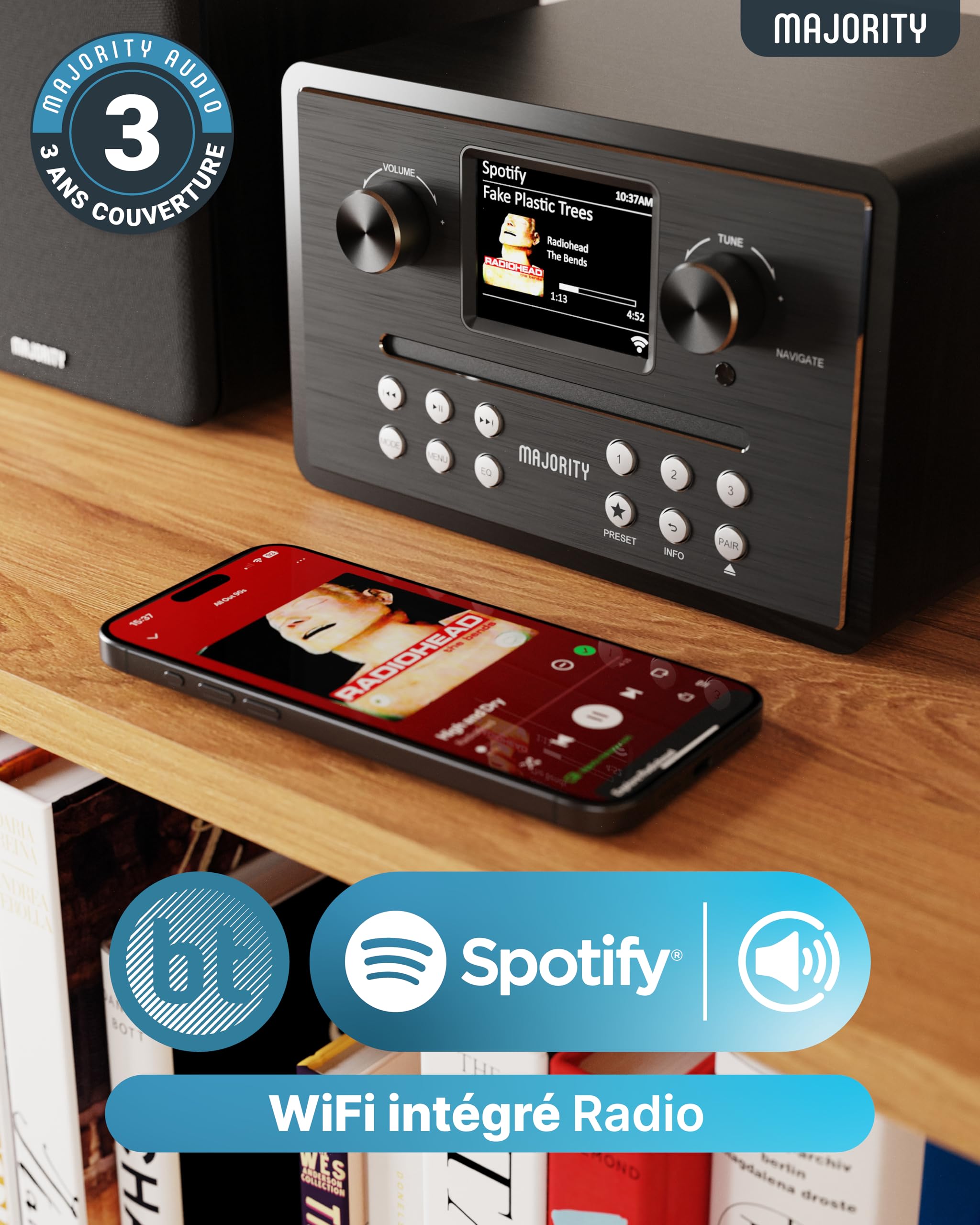 MAJORITY Homerton HiFi Bluetooth 5.3 Chaine HiFi Radio Internet | Radio Dab+ et FM | Lecteur CD Spotify Connect et Podcasts | Système Stéréo avec 60W Enceintes | Télécommande & l'application OKTIV