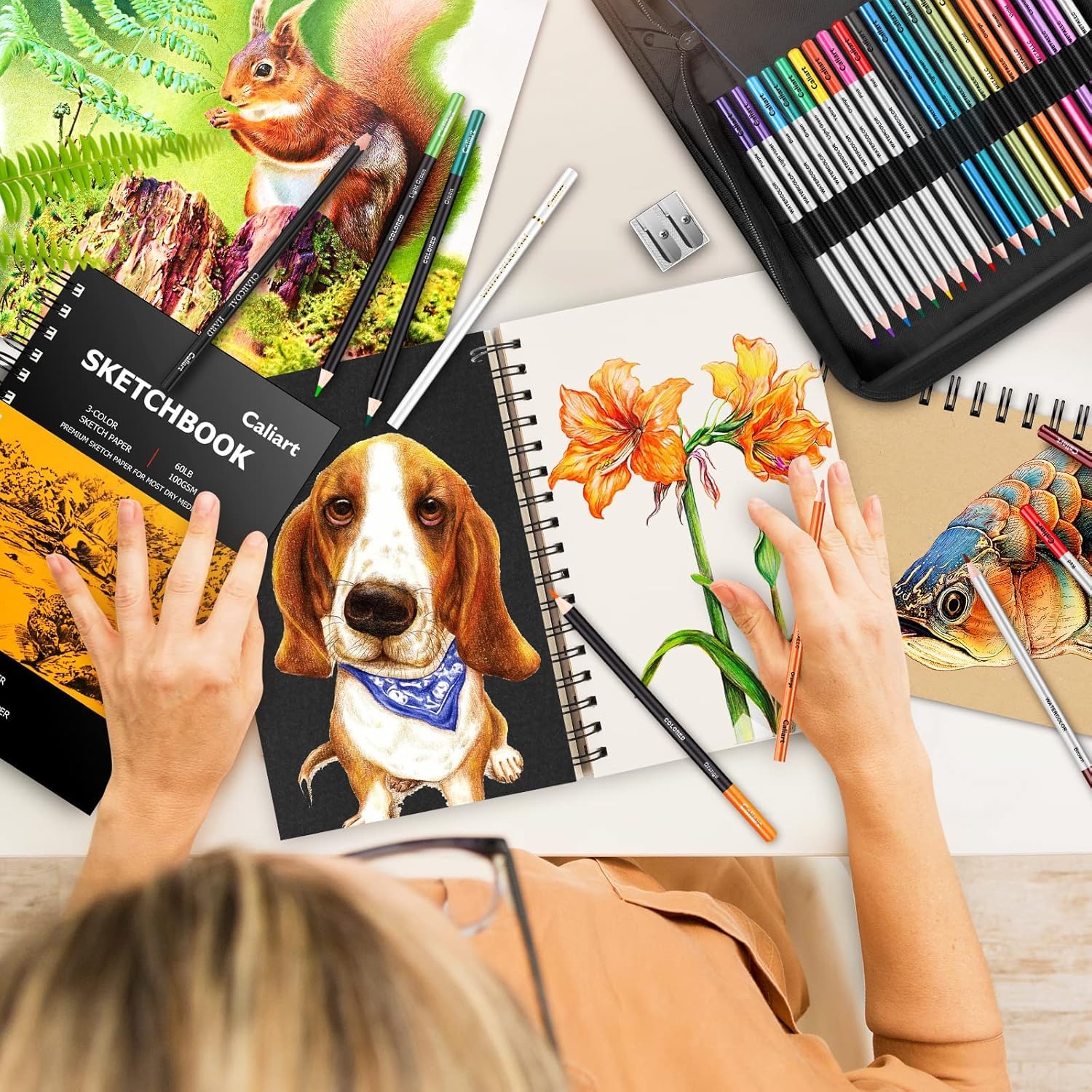Caliart Kit de croquis de 176 pièces avec 100 feuilles de carnet de croquis 3 couleurs, charbon de bois de couleur graphite aquarelle et crayons métalliques, fournitures scolaires, cadeaux pour