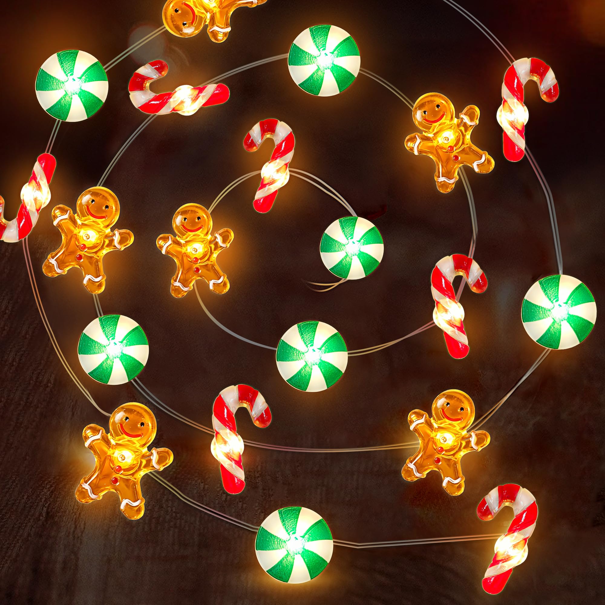 [Timer] 10 FT 30 LED Christmas String Lights Decorations Gingerbread Man Candy Cane Candy Fairy Lights Battery Operated Christmas Lights Holiday Xmas Gifts Christmas Decoration Indoor Tree Decor