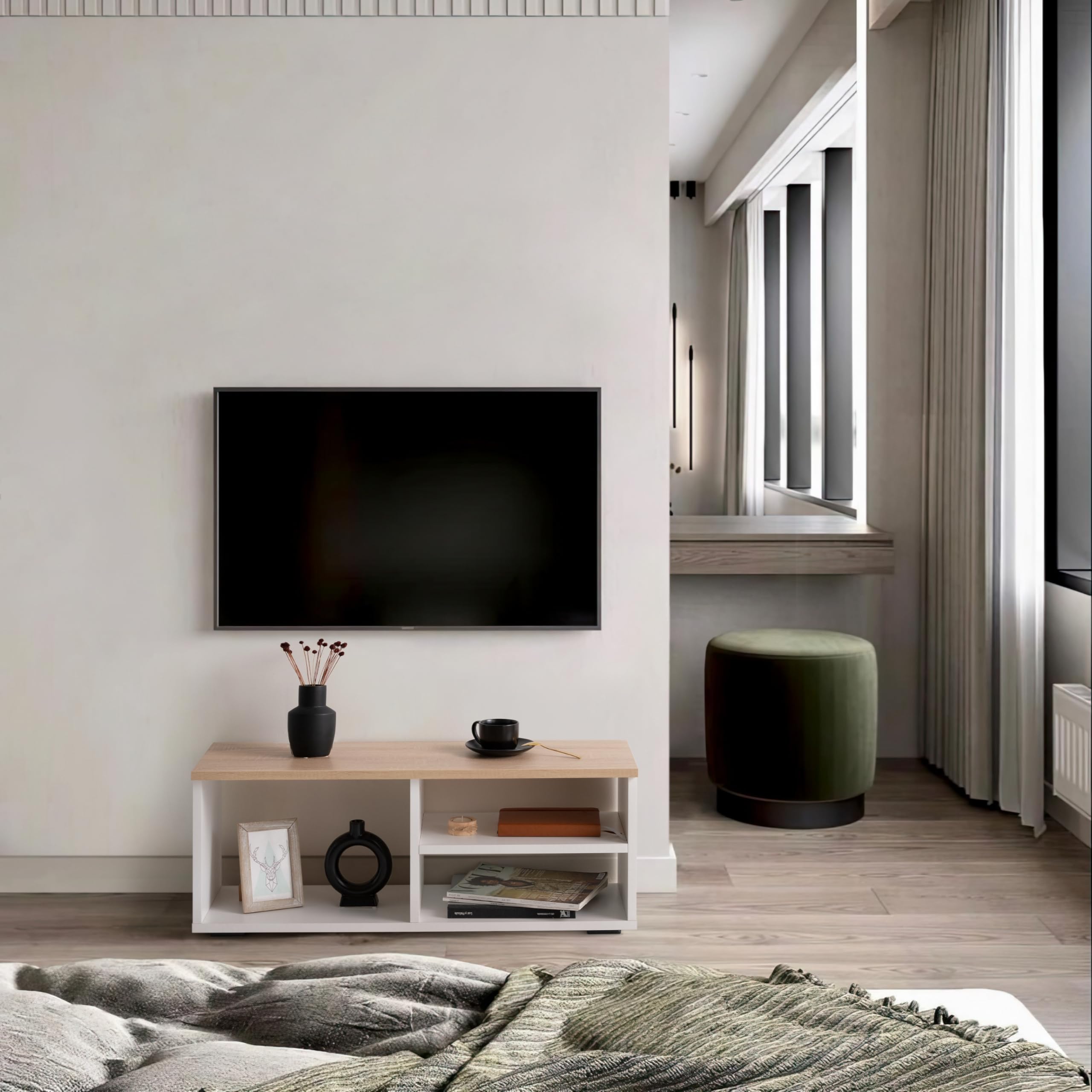 Mueble TV Blanco y Roble, Mesa TV Moderna para Salón - 90x30x35 cm | Estilo Moderno, Ideal para Decoración del Salón - Mueble TV Blanco pequeño. ONA