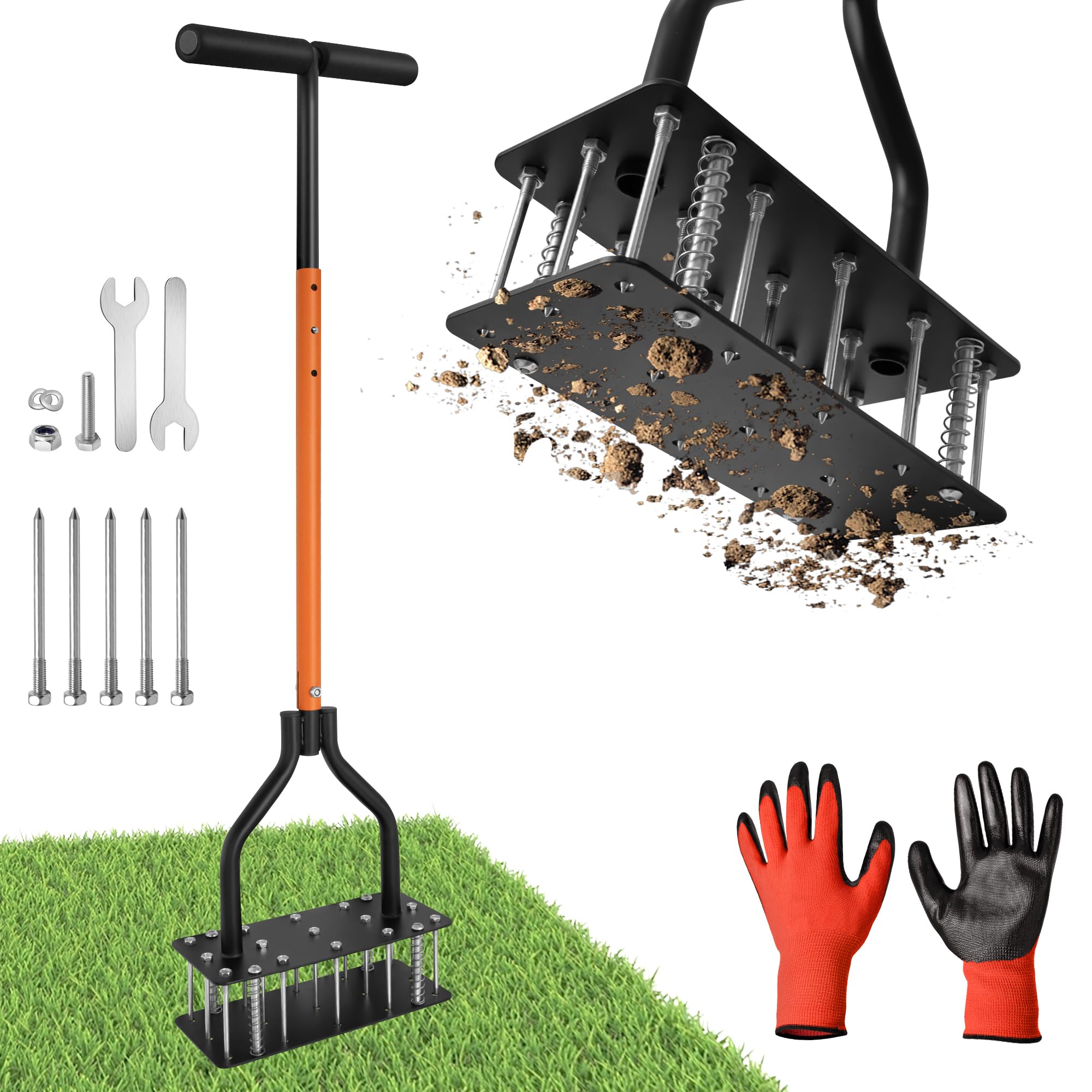 Lawn Aerator Tool, Grass for Soil Loosening & Yard Aerator, 15 Iron Spikes, Ergonomic T-Handle & Efficient Automatic Reset, Improves Lawn Health - 1