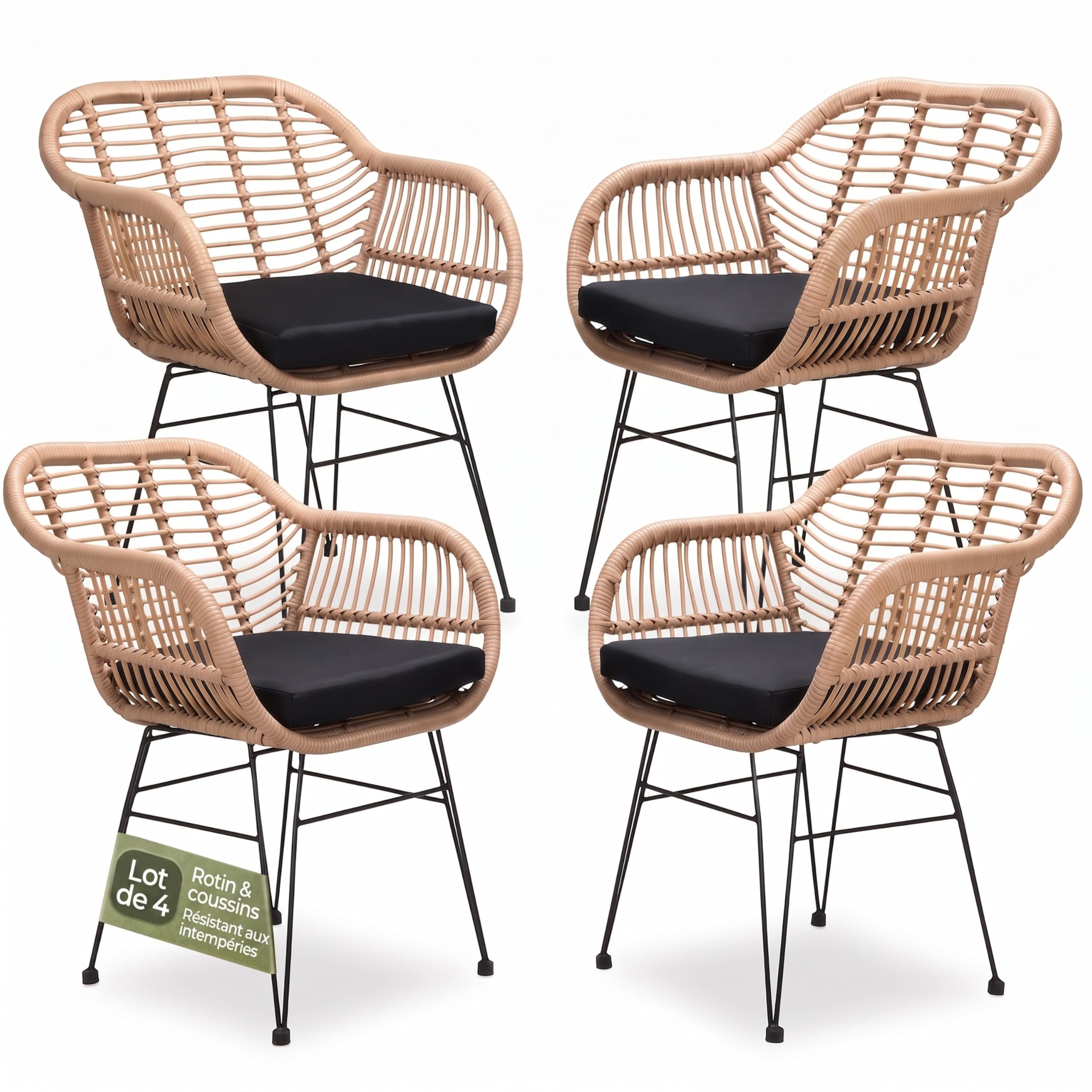 Casaria® Lot de 4 Chaises Cuisine Design Vintage - Salon de Jardin Exterieur et Intérieur Polyrotin Résistant aux UV - Coussins Inclus - Hauteur d'Assise 44 cm - Structure Acier Galvanisé