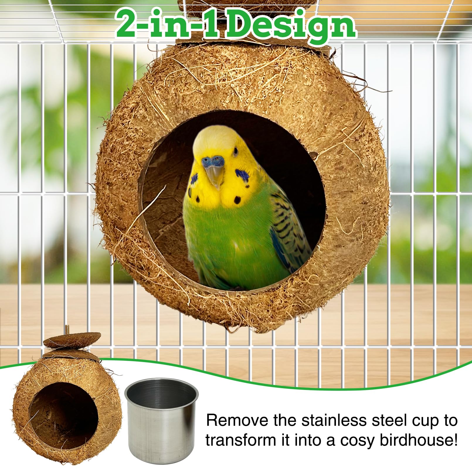 Coconut Bird Bowls for Cage 2-in-1 Coconut Shell Birds Feeder Set of 2 Hanging Parrot Cage Feeders Natural Parakeet Food and Water Dishes for Lovebirds Finches Budgies Cockatiels - image 4