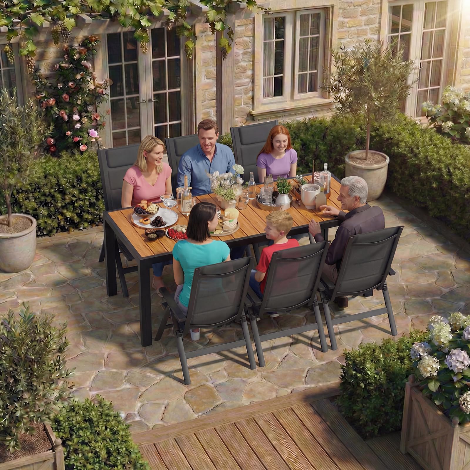 JUMMICO Salon de Jardin Extérieur : 1 Table en Aluminium Imitation Bois + 6 Chaises Longues Pliantes. Solide et Durable. Idéal pour Les Balcons, Les Jardins et Autres Espaces Extérieurs.