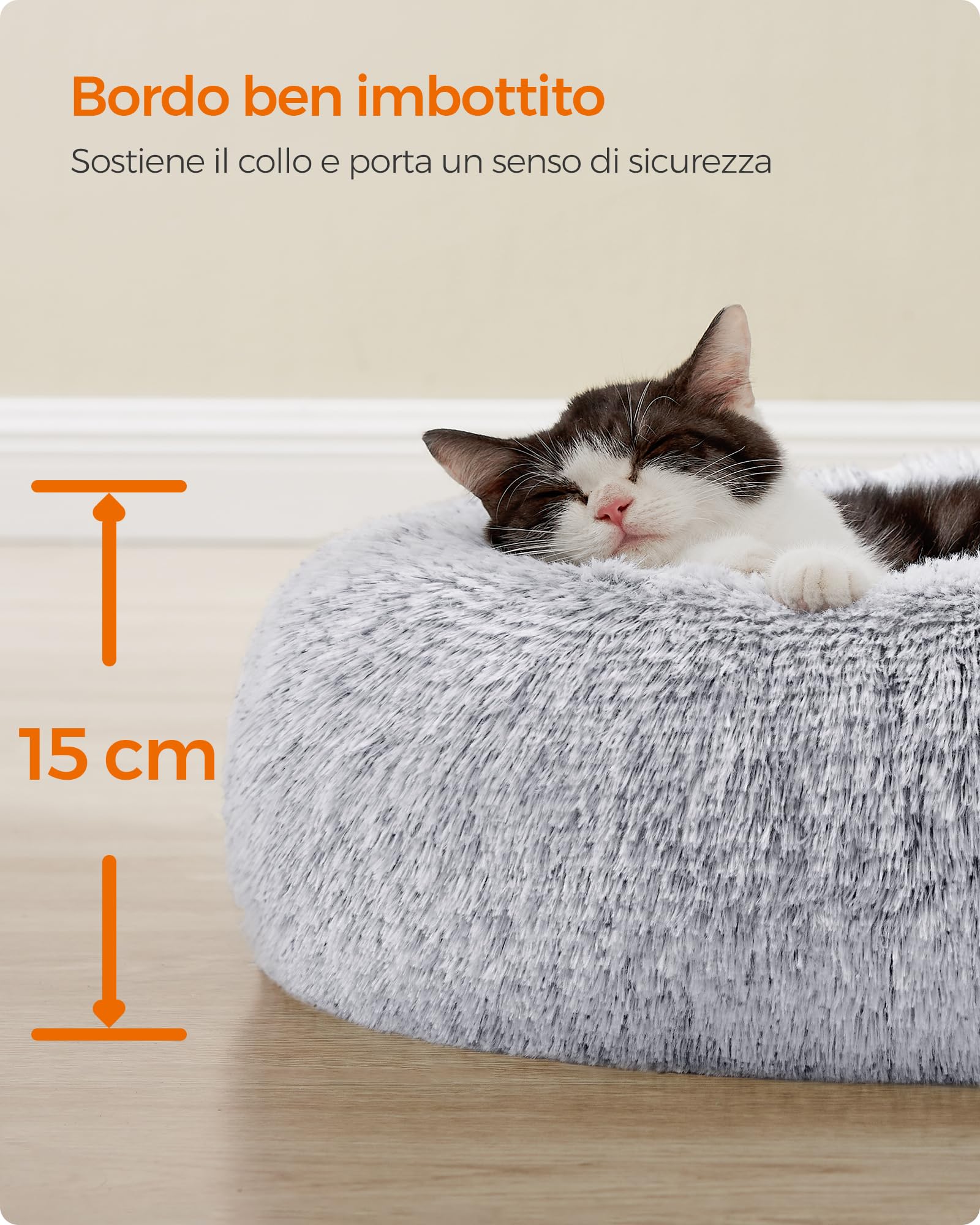 Feandrea Cuccia Cane Interno, Cuccia per Cani, Lettino per Animali Domestici a Ciambella, Cuscino Sfoderabile e Lavabile, Tappeto di Peluche, Diametro 40 cm, Grigio Ombré PGW036G01