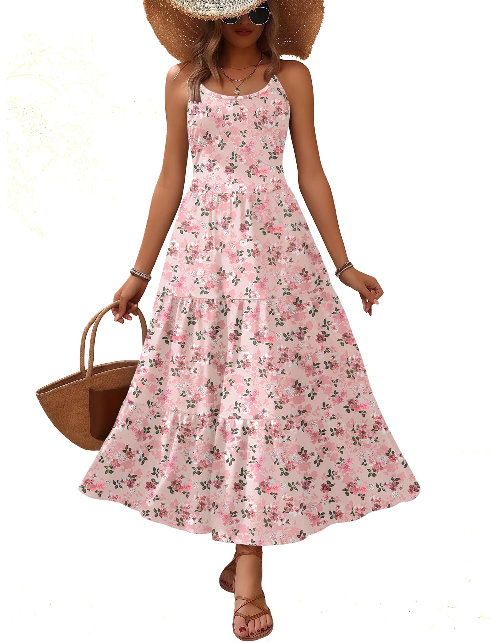 Zeagoo Womens Summer Long Dress Adjustable Spaghetti Strap Floral Casual Dress with Pockets Flowy Tiered Beach Sundress
