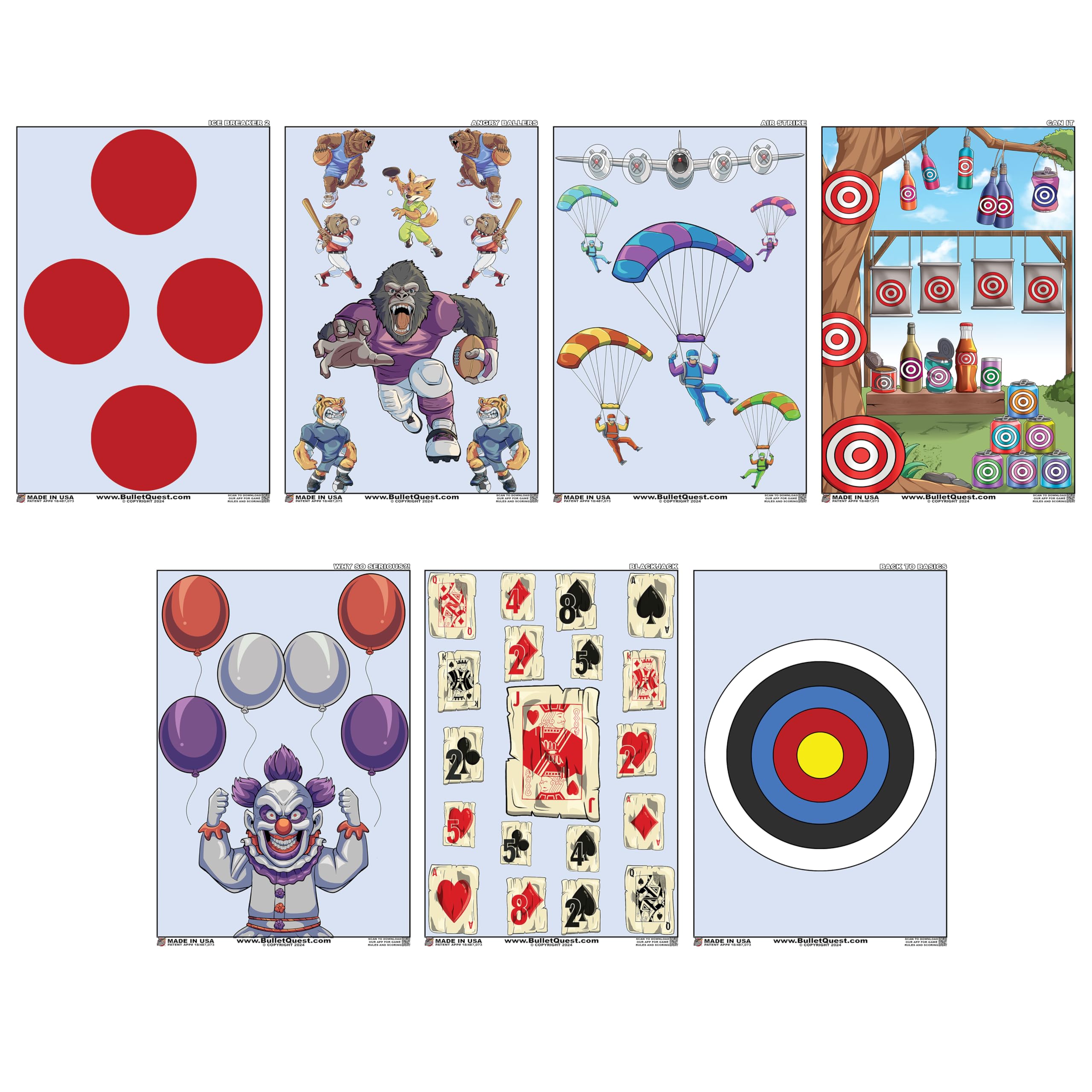 BulletQuest Shooting Range Target Game Set - 7 Unique Designs in 2 Sizes - 1-2 Players - First of Its Kind, Indoor & Outdoor Shooting, Patent Pending, App Tracking & Analysis (Game 2, 12x18)