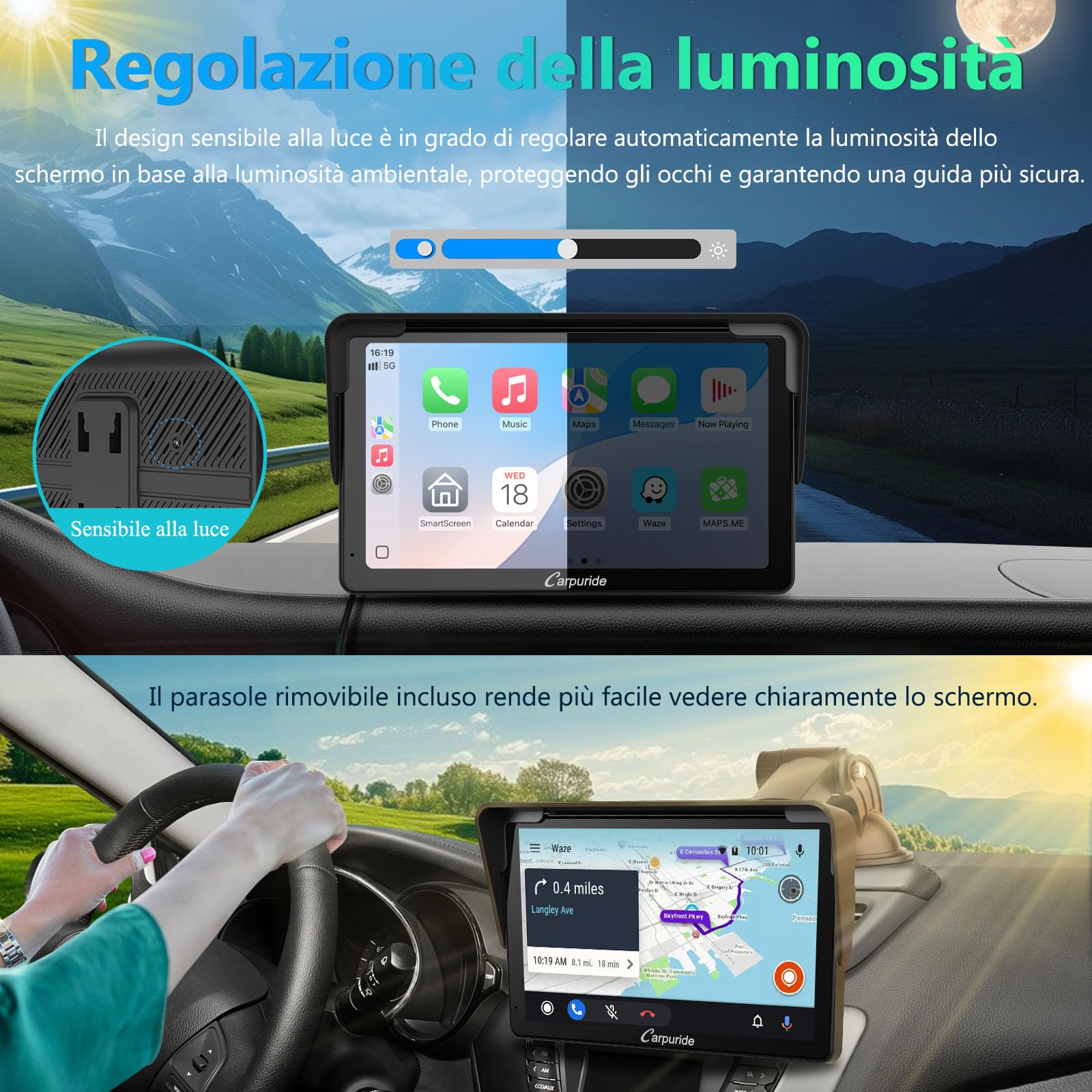 Schermo Carplay portatile, Carpuride V3R Wireless Airplay&Android Auto, schermo touchscreen HD da 7 pollici 1080P con telecamera di retromarcia reale 720P/BT 5.0/Mirror Link/riproduzione USB