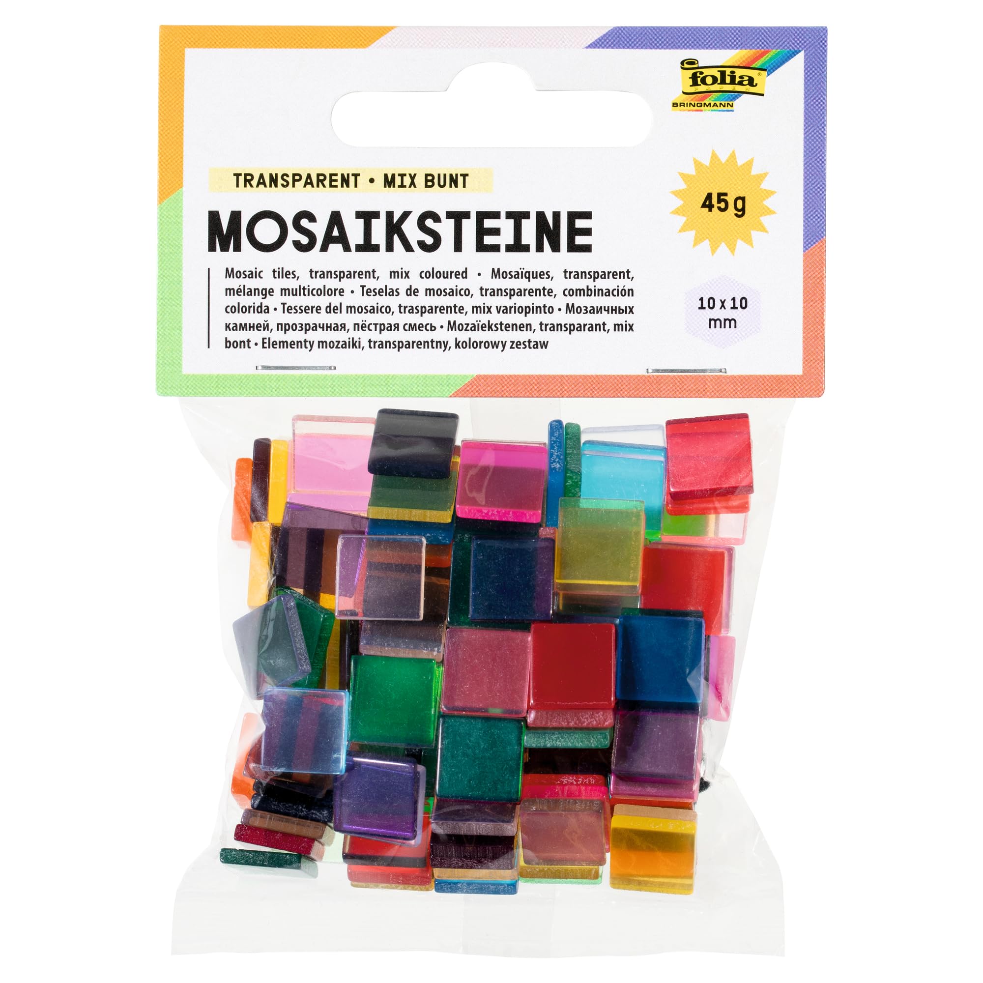 folia 57209 Mosaic Tiles Transparent Made Resin 10 x 10 mm 190 Pieces Assorted in 20 Colours Smooth and Transparent