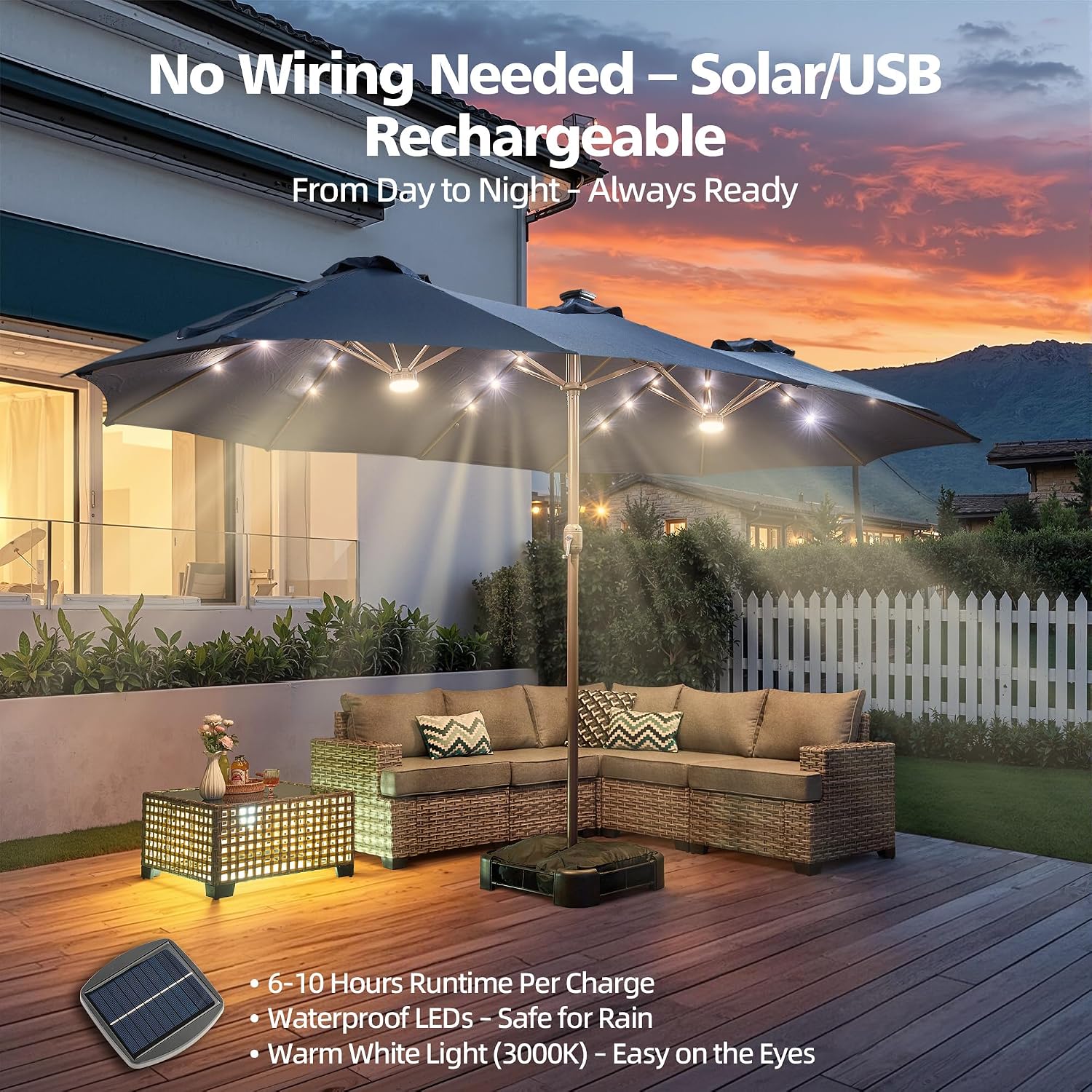 CAODOC 15FT LED Patio Umbrella with 2 Built-in Lights & Weighted Base, Dual-Sided Outdoor Cantilever Umbrella for Nighttime Use, Poolside Garden Deck Lighting - Dark Gray