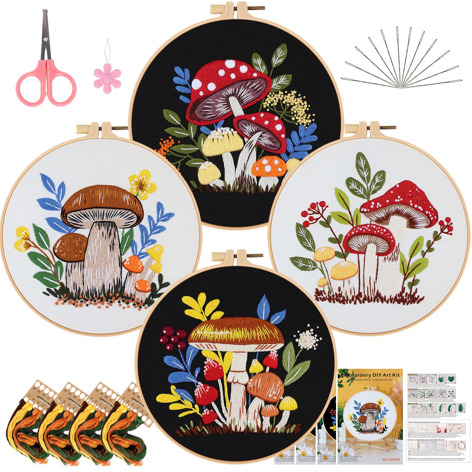 ojindiy 4 Sets Embroidery Kit Starter with Pattern and Instructions, DIY Beginner Starter Cross Stitch Kit Include 1 Embroidery Hoop, Needlework for Adults (Mushroom)